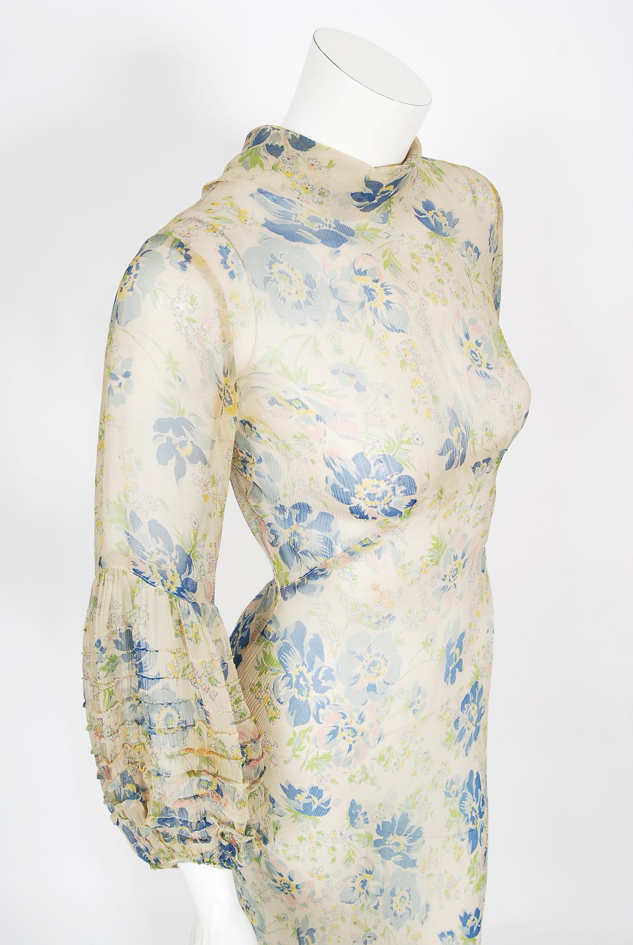 Vintage 1930's Sheer Floral Print Chiffon Pintuck Billow-Sleeve Bias Cut Gown 6