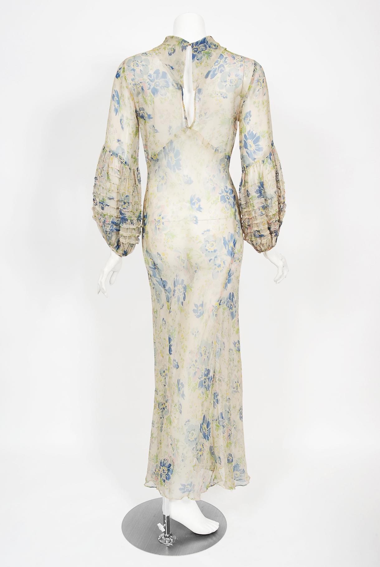 Vintage 1930's Sheer Floral Print Chiffon Pintuck Billow-Sleeve Bias Cut Gown 7