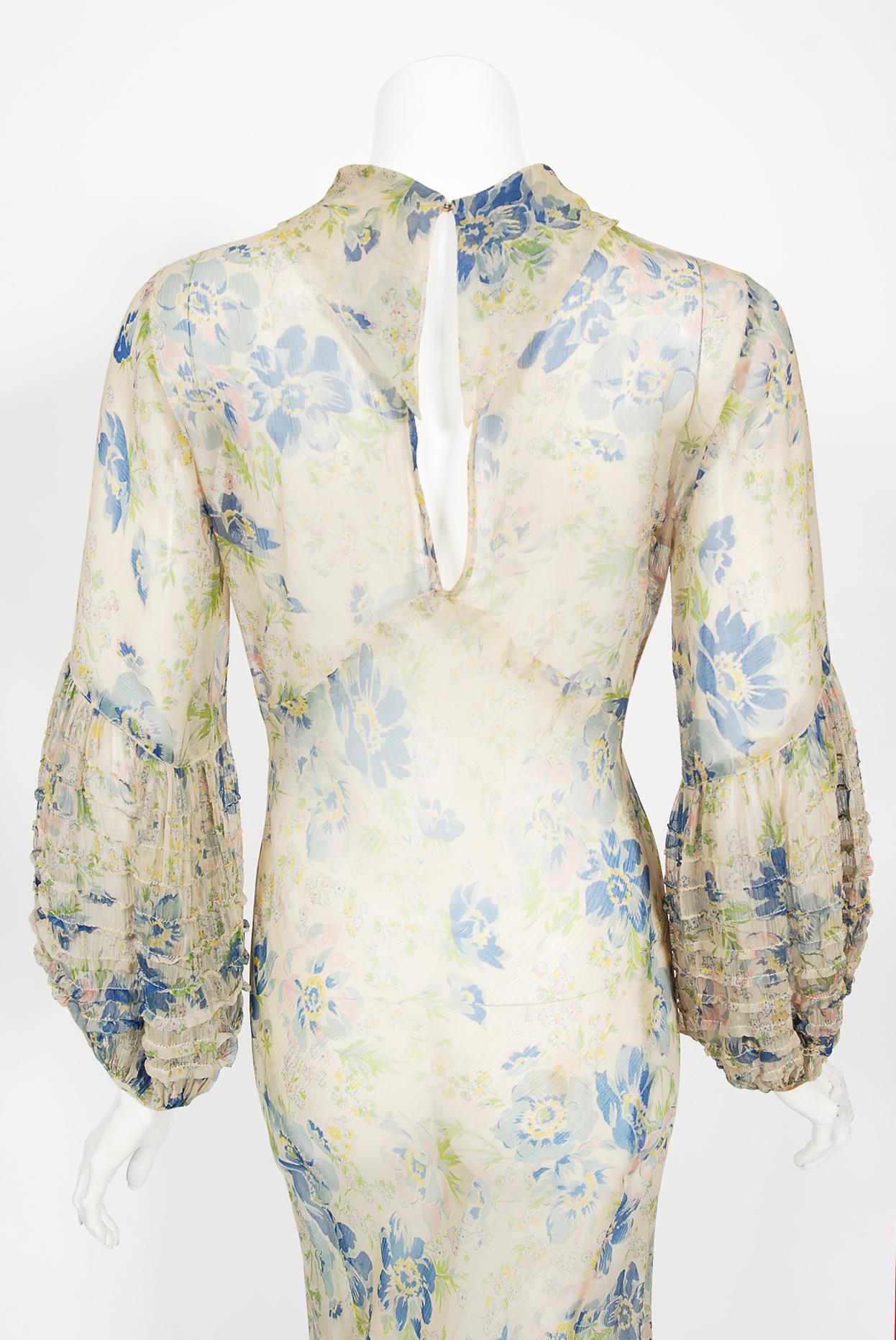 Vintage 1930's Sheer Floral Print Chiffon Pintuck Billow-Sleeve Bias Cut Gown 8