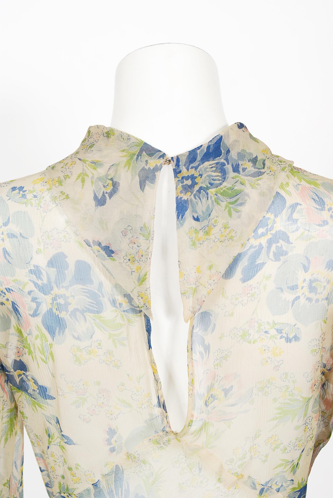 Vintage 1930's Sheer Floral Print Chiffon Pintuck Billow-Sleeve Bias Cut Gown 9