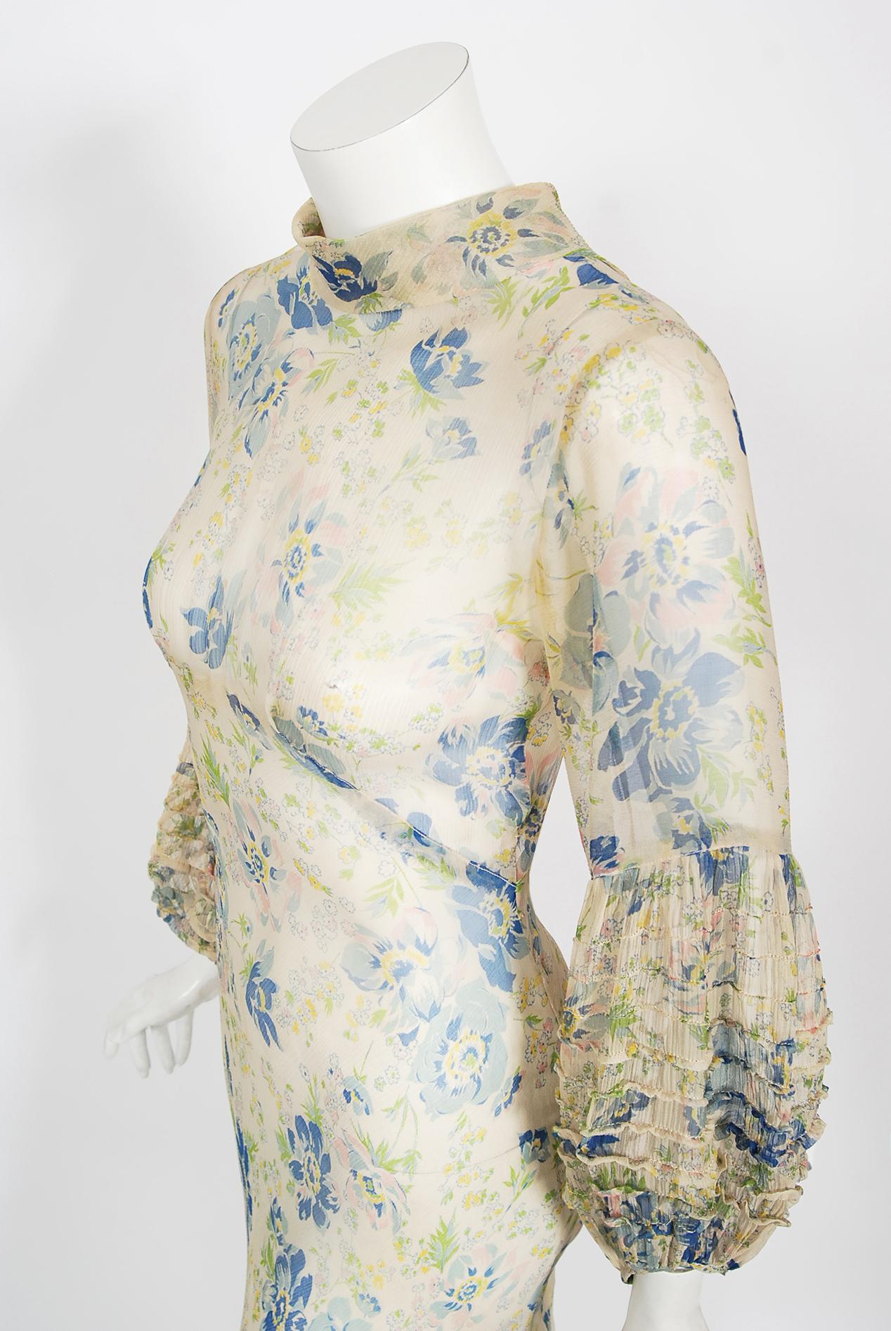 Beige Vintage 1930's Sheer Floral Print Chiffon Pintuck Billow-Sleeve Bias Cut Gown