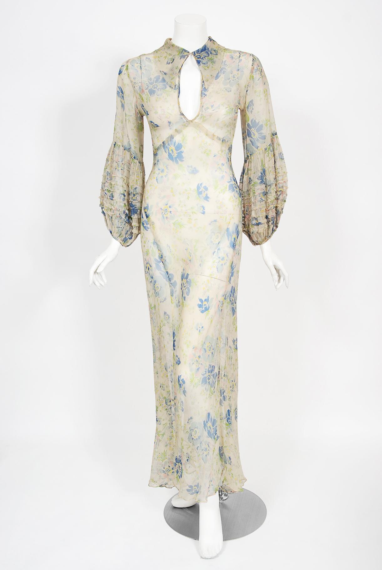 Vintage 1930's Sheer Floral Print Chiffon Pintuck Billow-Sleeve Bias Cut Gown In Good Condition In Beverly Hills, CA