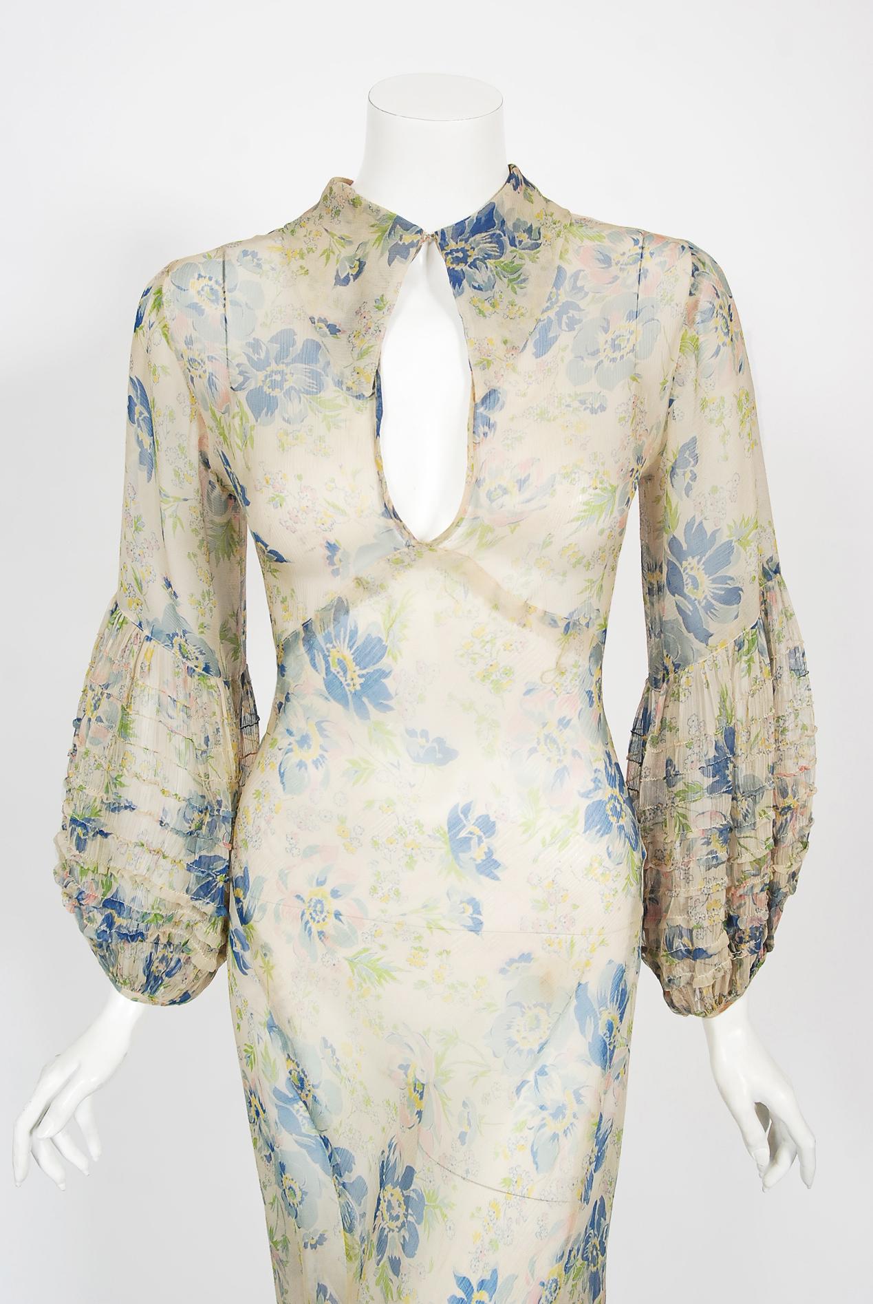 Women's Vintage 1930's Sheer Floral Print Chiffon Pintuck Billow-Sleeve Bias Cut Gown