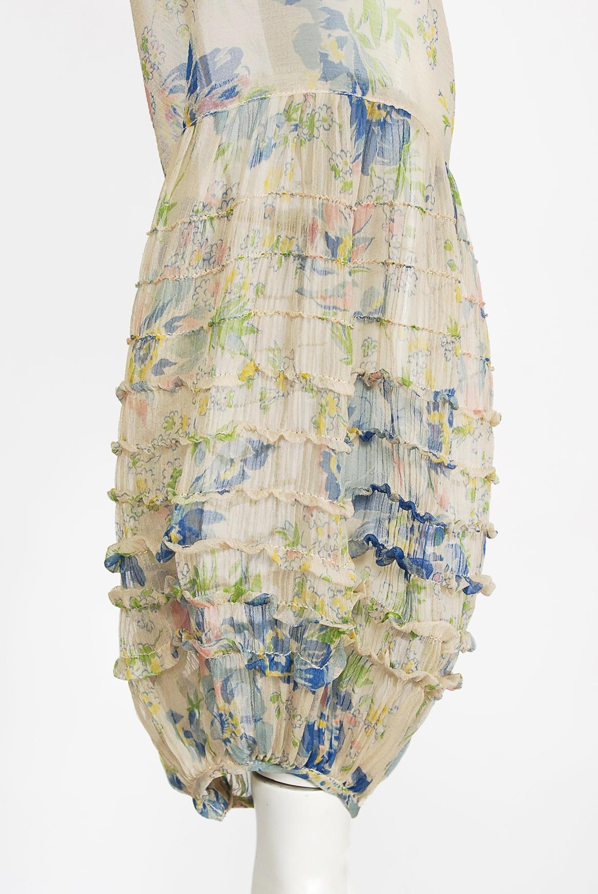 Vintage 1930's Sheer Floral Print Chiffon Pintuck Billow-Sleeve Bias Cut Gown 1