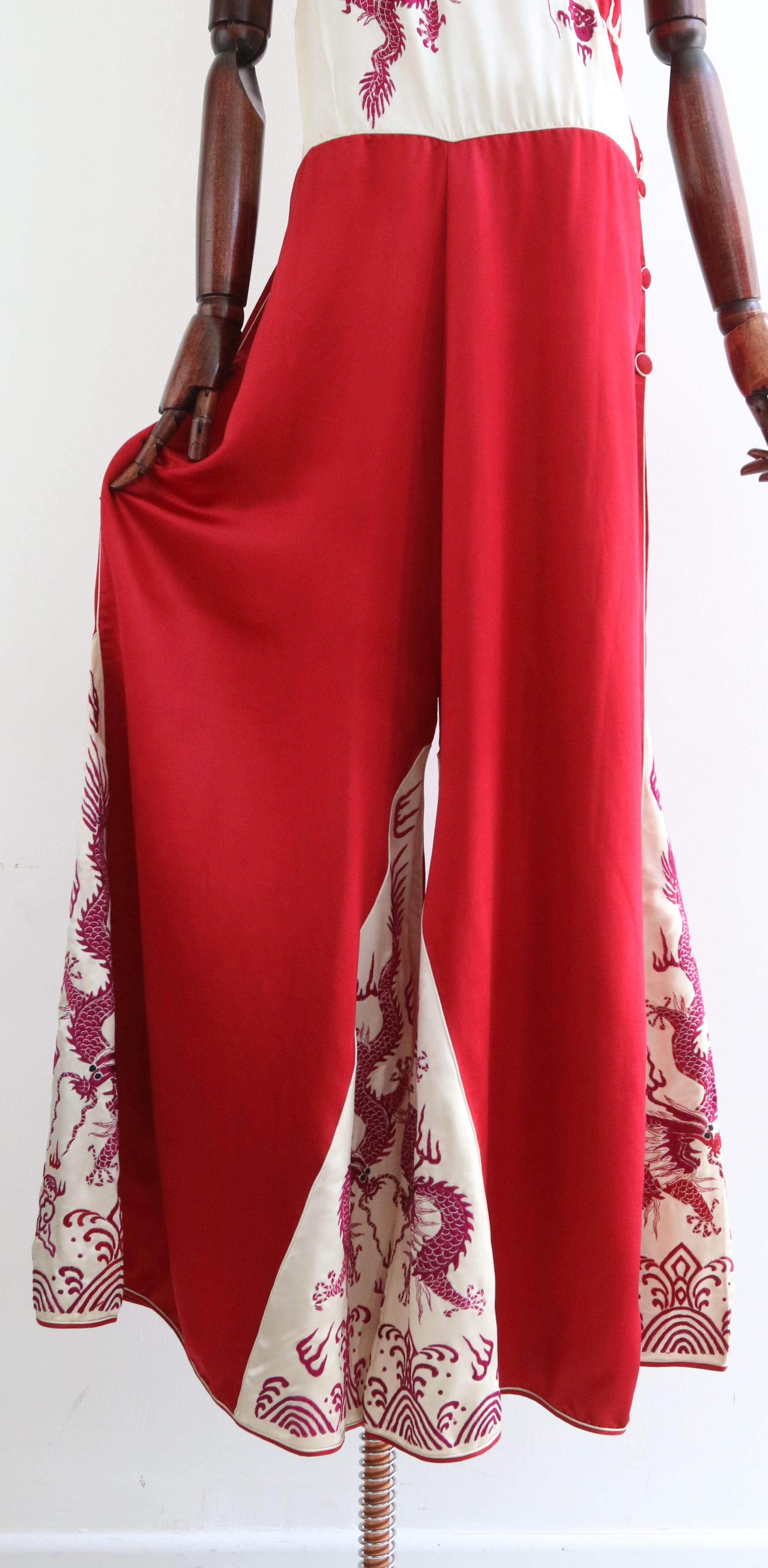 Vintage 1930's silk burgundy dragons loungewear jumpsuit UK 14-16 US 10-12 3
