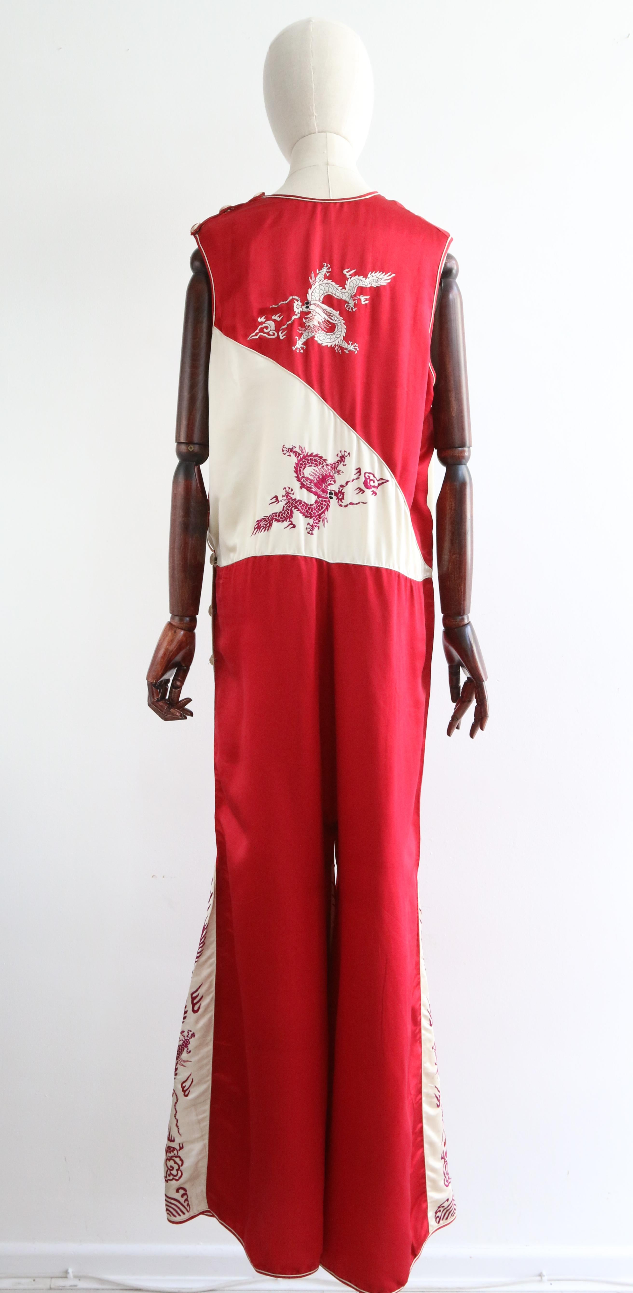 Vintage 1930's silk burgundy dragons loungewear jumpsuit UK 14-16 US 10-12 4