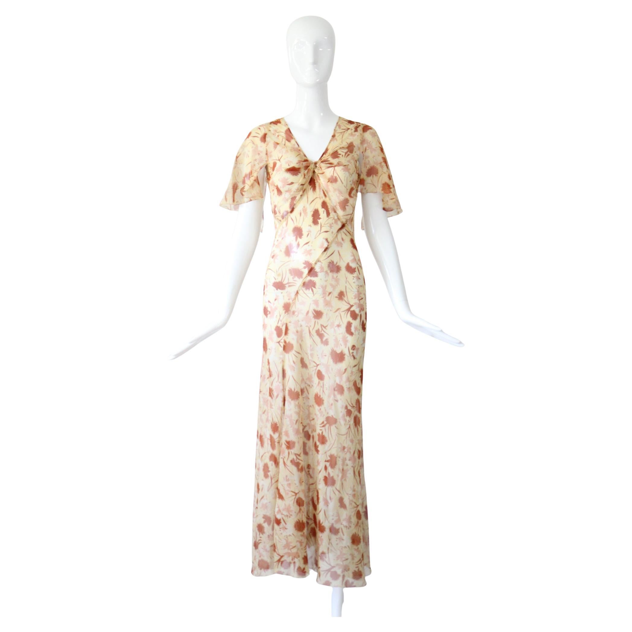 Vintage 1930s Silk Chiffon Dress 1930's Floral Bias Cut Gown Art Deco UK 10 US 6