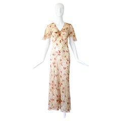 Vintage 1930s Seide Chiffon Kleid 1930's Floral Bias Cut Gown Art Deco UK 10 US 6