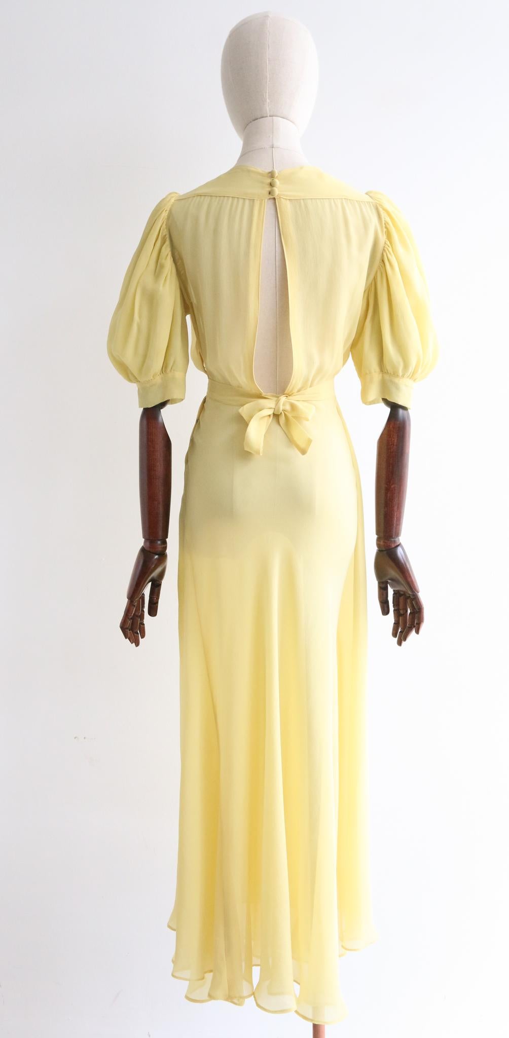 Women's Vintage 1930's Silk Chiffon Dress 1930's yellow silk open back UK 8-10 US 4-6