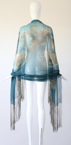 Vintage 1930's Silk Chiffon Floral Fringed Scarf 1930's Cerulean Blue Scarf