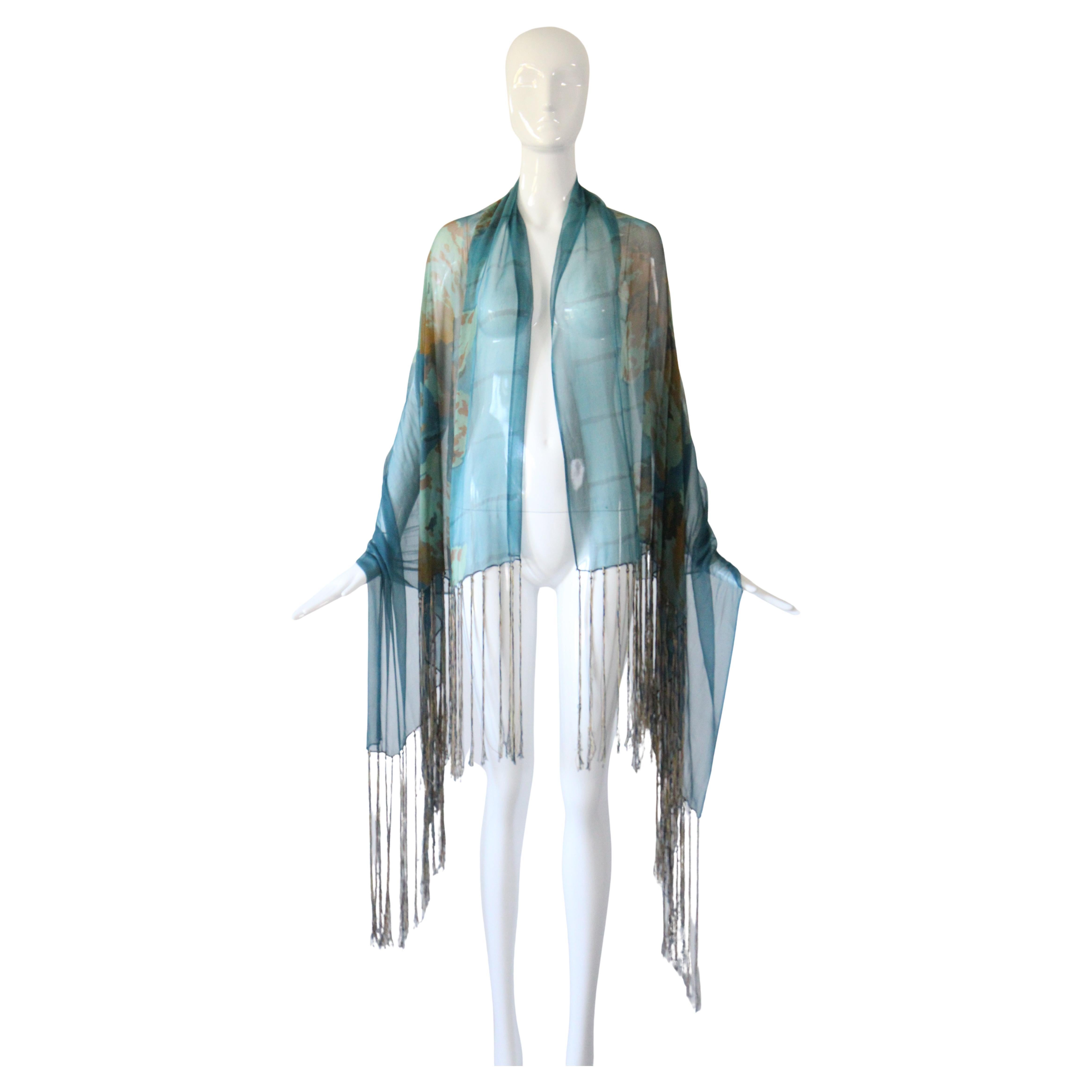 Vintage 1930
s Silk Chiffon Floral Fringed Scarf 1930s Cerulean Blue Scarf