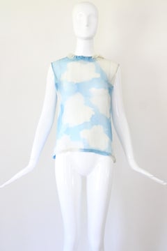 Chemisier vintage 1930 en mousseline de soie bleu ciel imprimé nuage UK 10 US 6