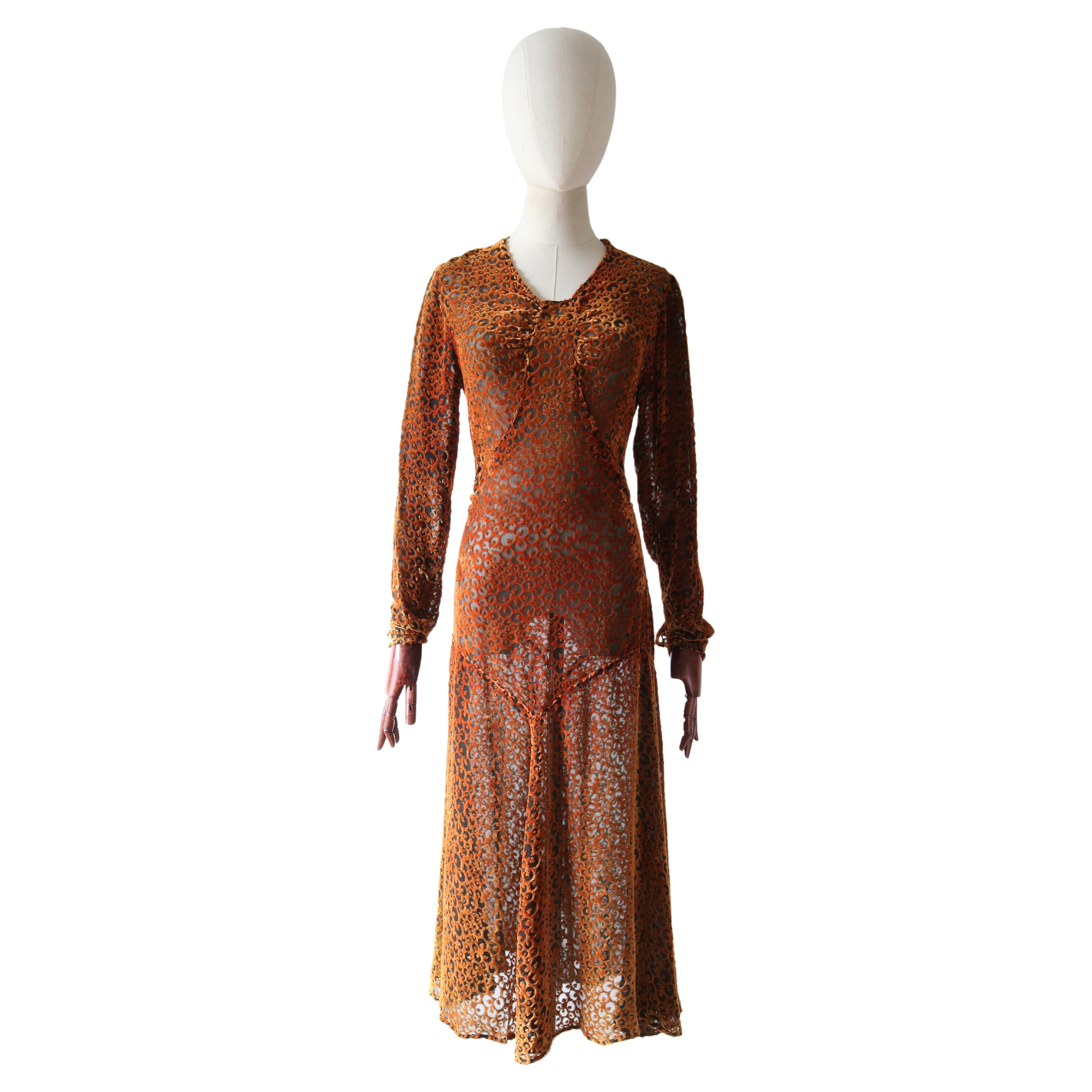 Vintage 1930's Silk Devore burnout dress original 1930's amber dress UK 8 US 4 For Sale