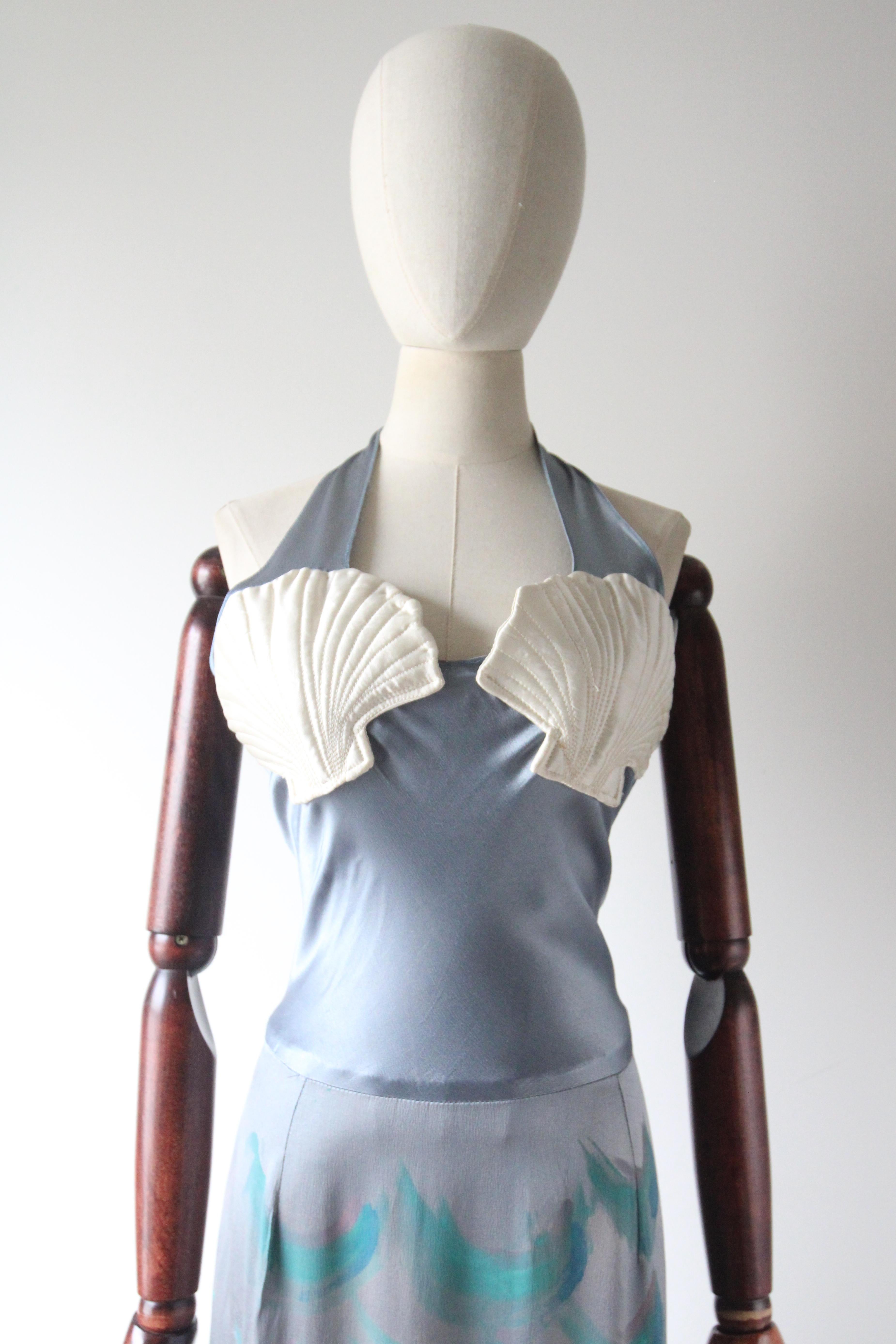 Gray Vintage 1930's Silk Painted Mermaid Dress Halter Neck Sea Shell Dress UK 10 US 6 For Sale