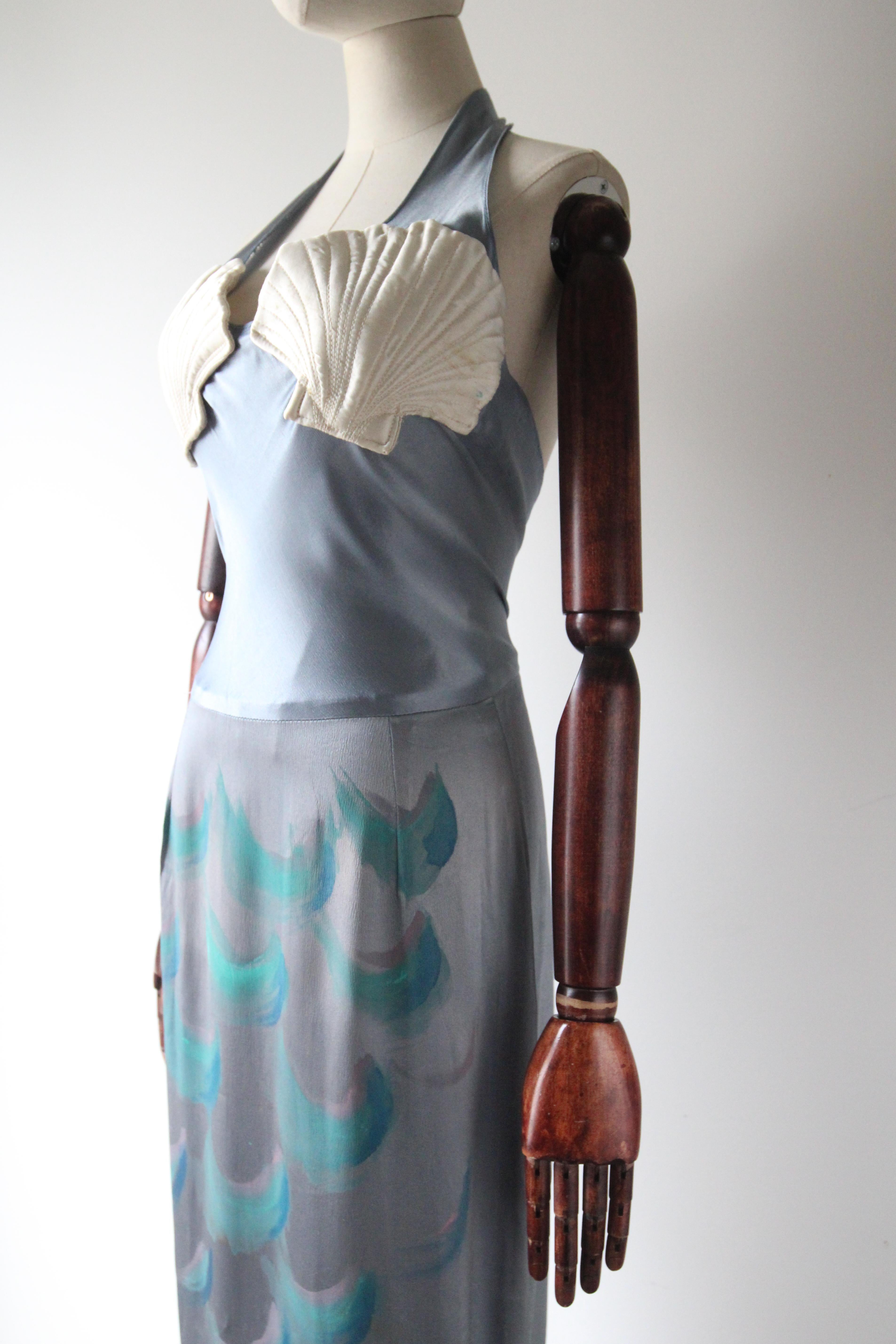 Vintage 1930's Silk Painted Mermaid Dress Halter Neck Sea Shell Dress UK 10 US 6 For Sale 1