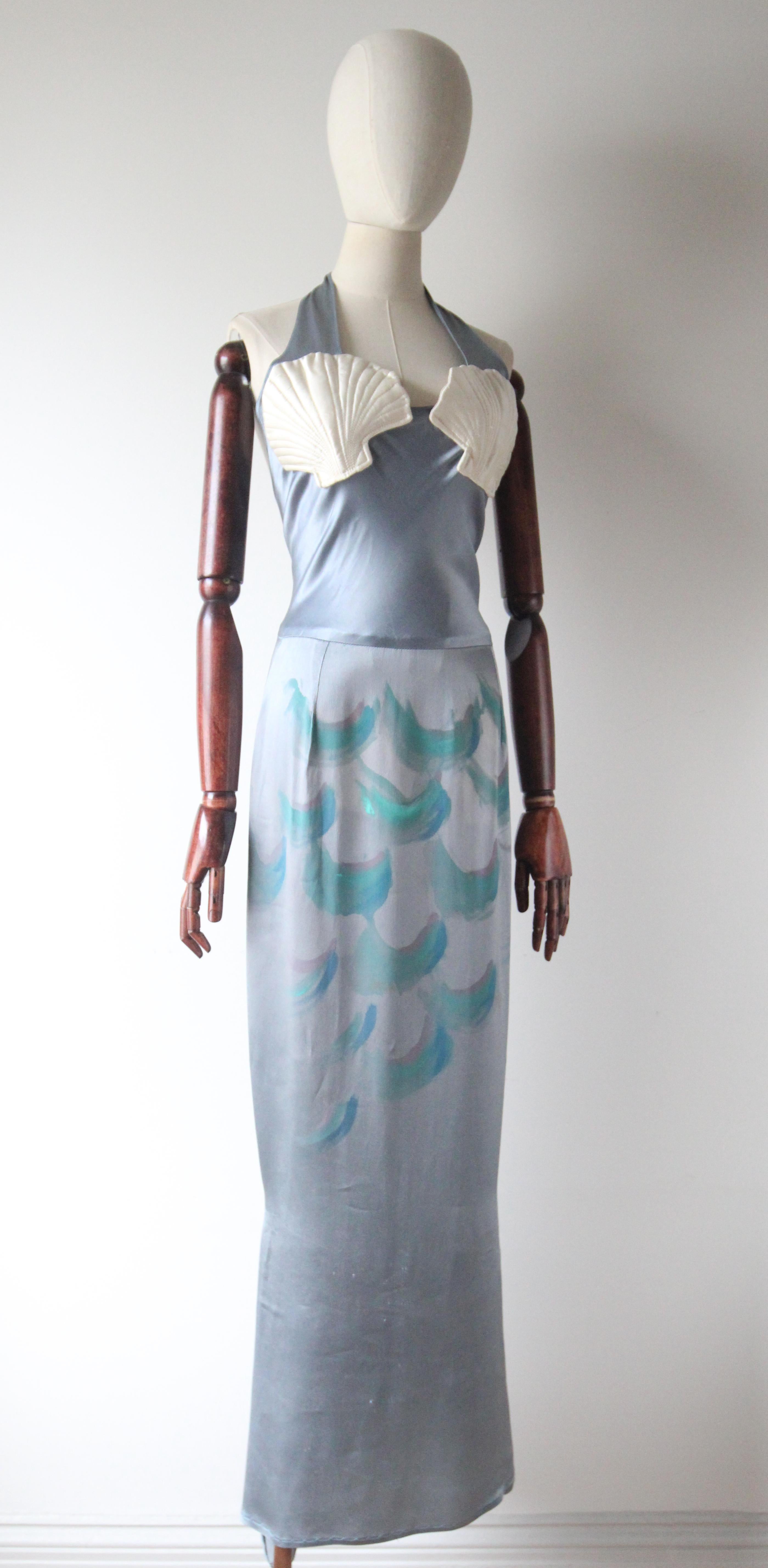Vintage 1930's Silk Painted Mermaid Dress Halter Neck Sea Shell Dress UK 10 US 6 For Sale 2