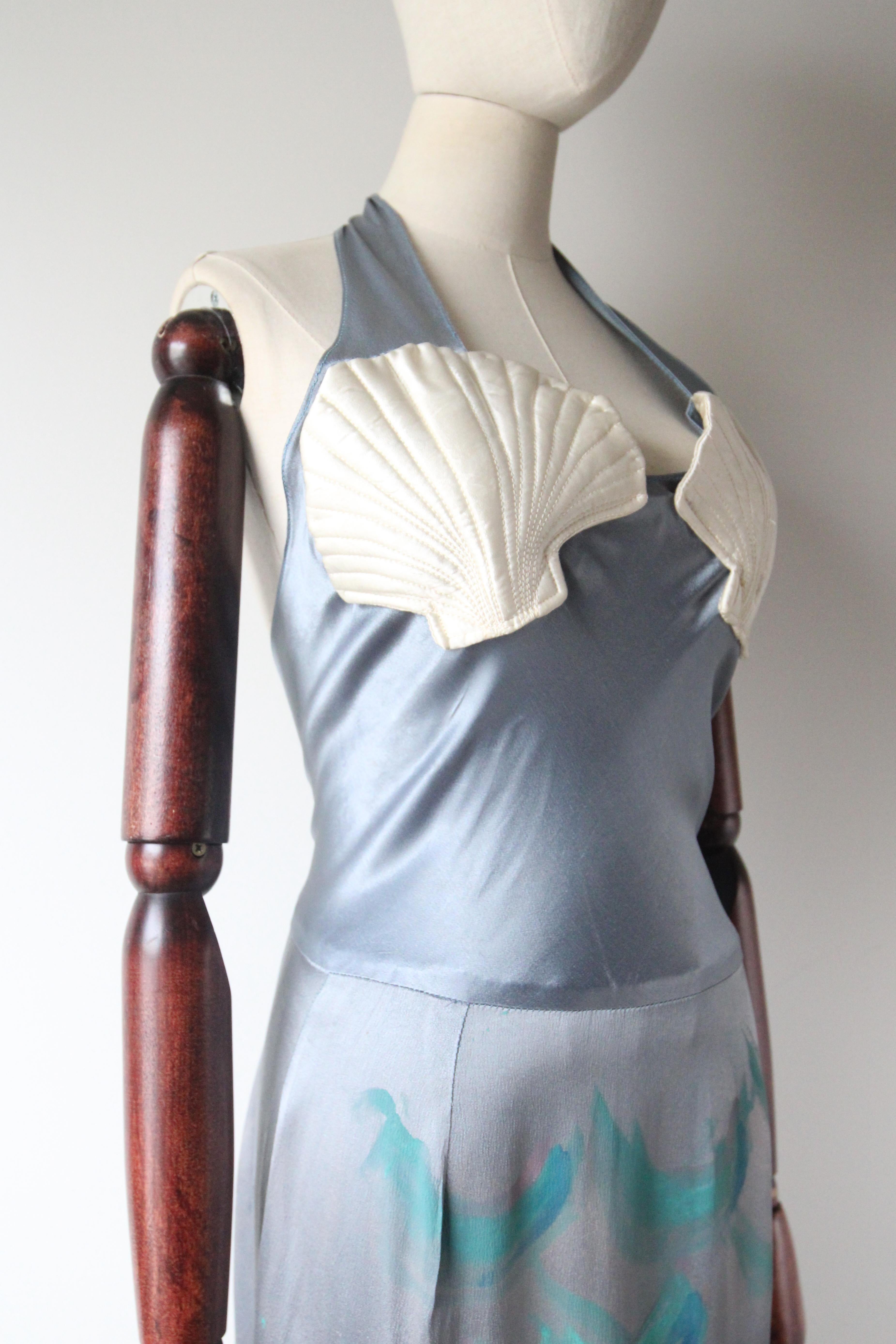 Vintage 1930's Silk Painted Mermaid Dress Halter Neck Sea Shell Dress UK 10 US 6 For Sale 3