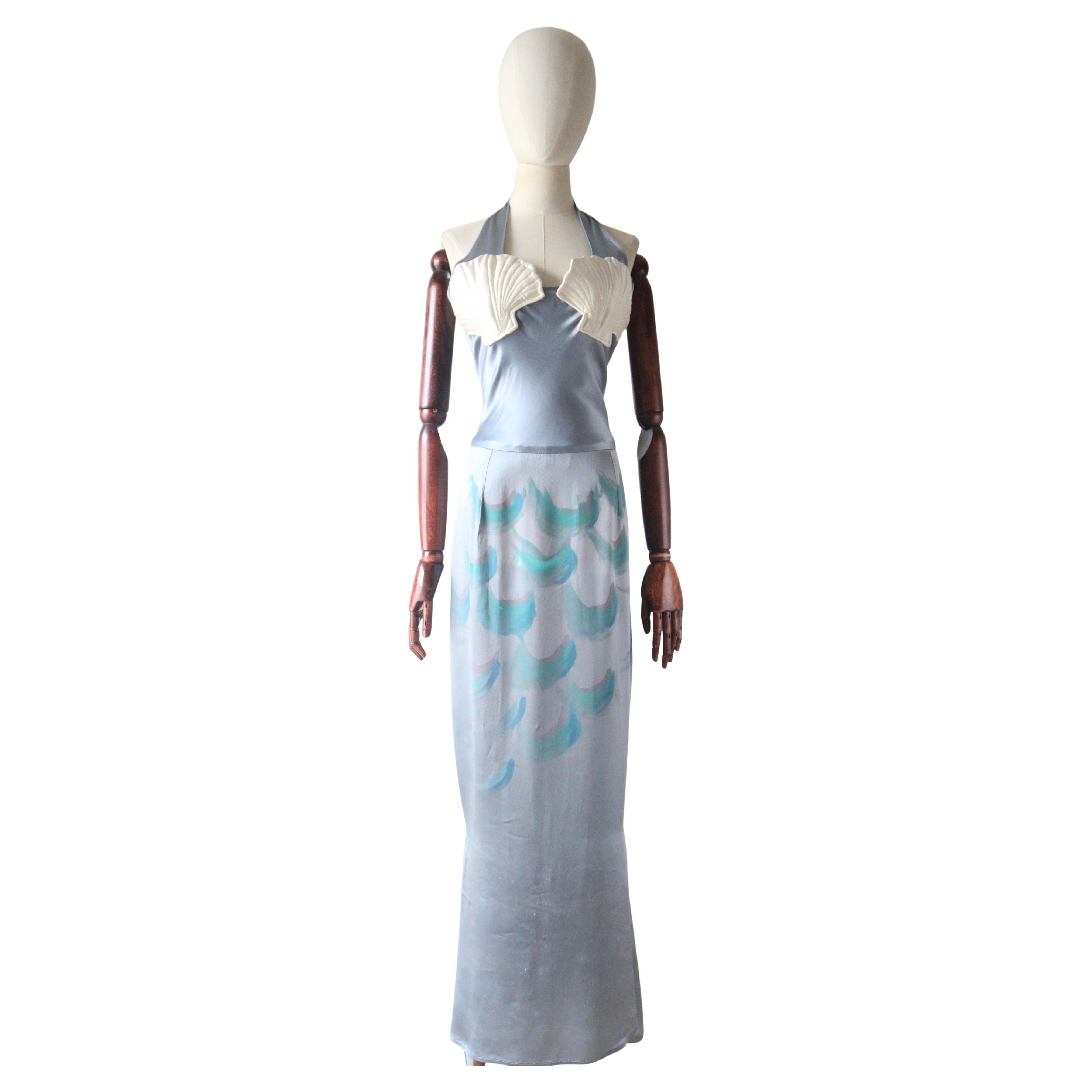 Vintage 1930's Silk Painted Mermaid Dress Halter Neck Sea Shell Dress UK 10 US 6 For Sale
