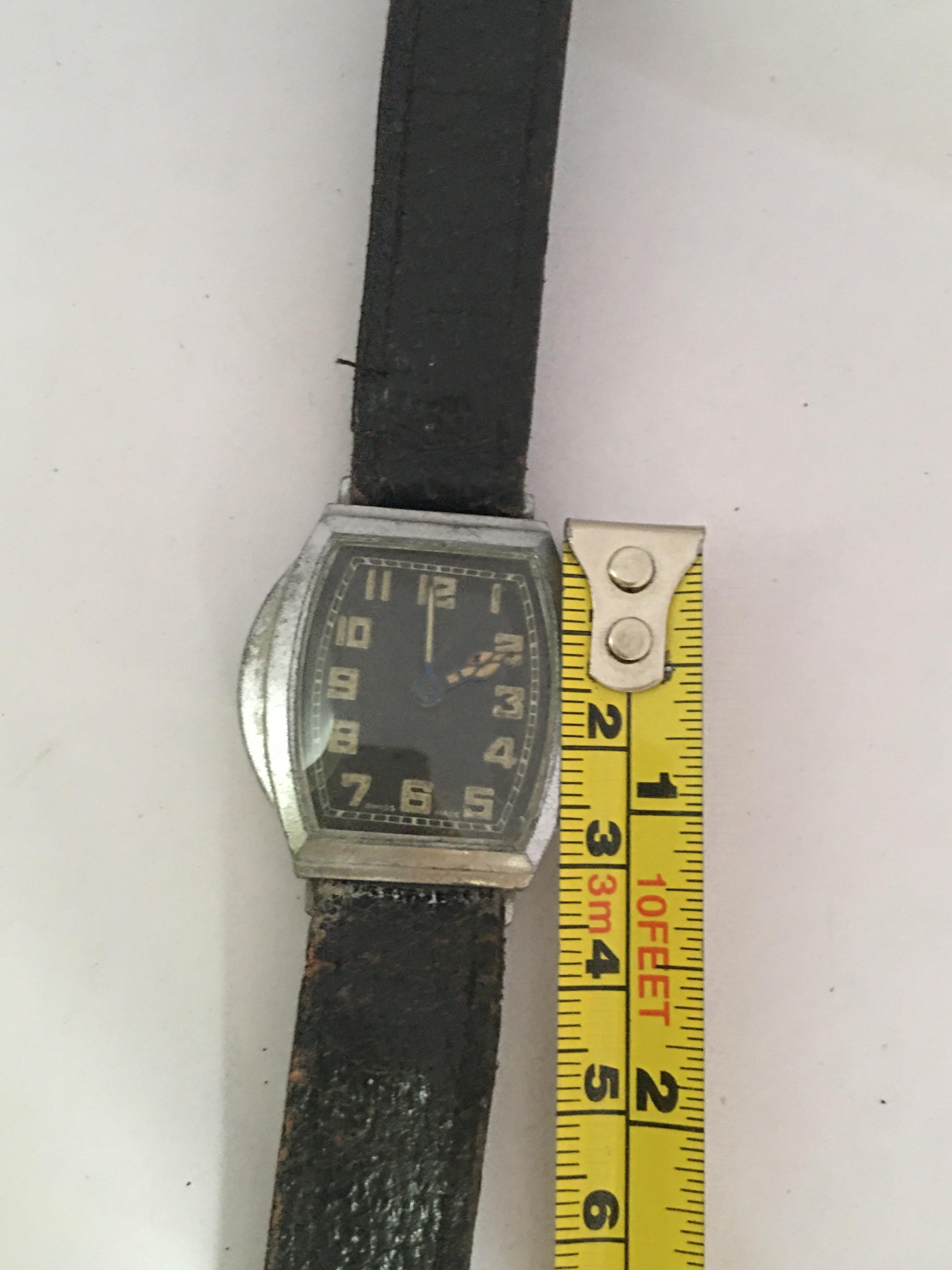 Vintage 1930s Silver Plated Black Dial Swiss Mechanical Watch For Sale 7