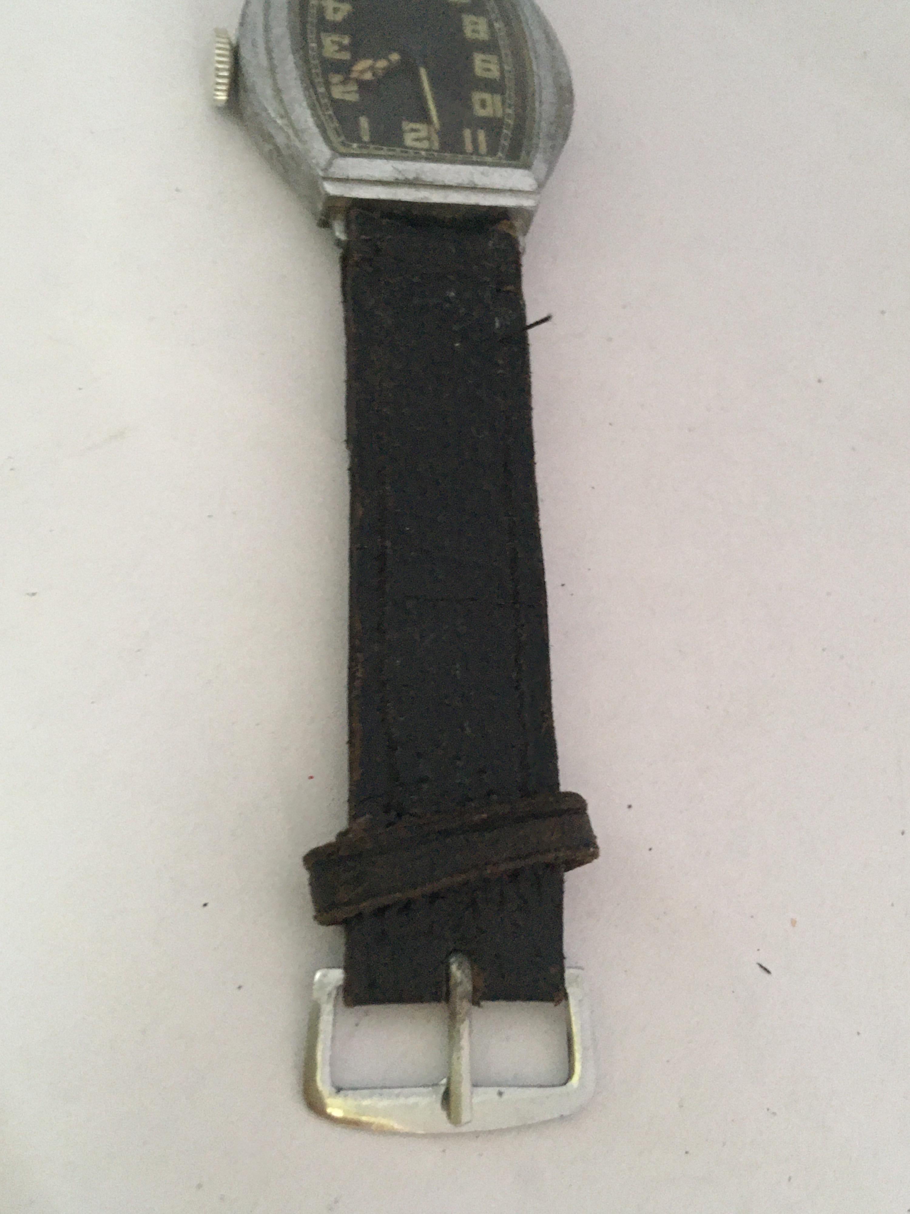 Vintage 1930s Silver Plated Black Dial Swiss Mechanical Watch For Sale 9