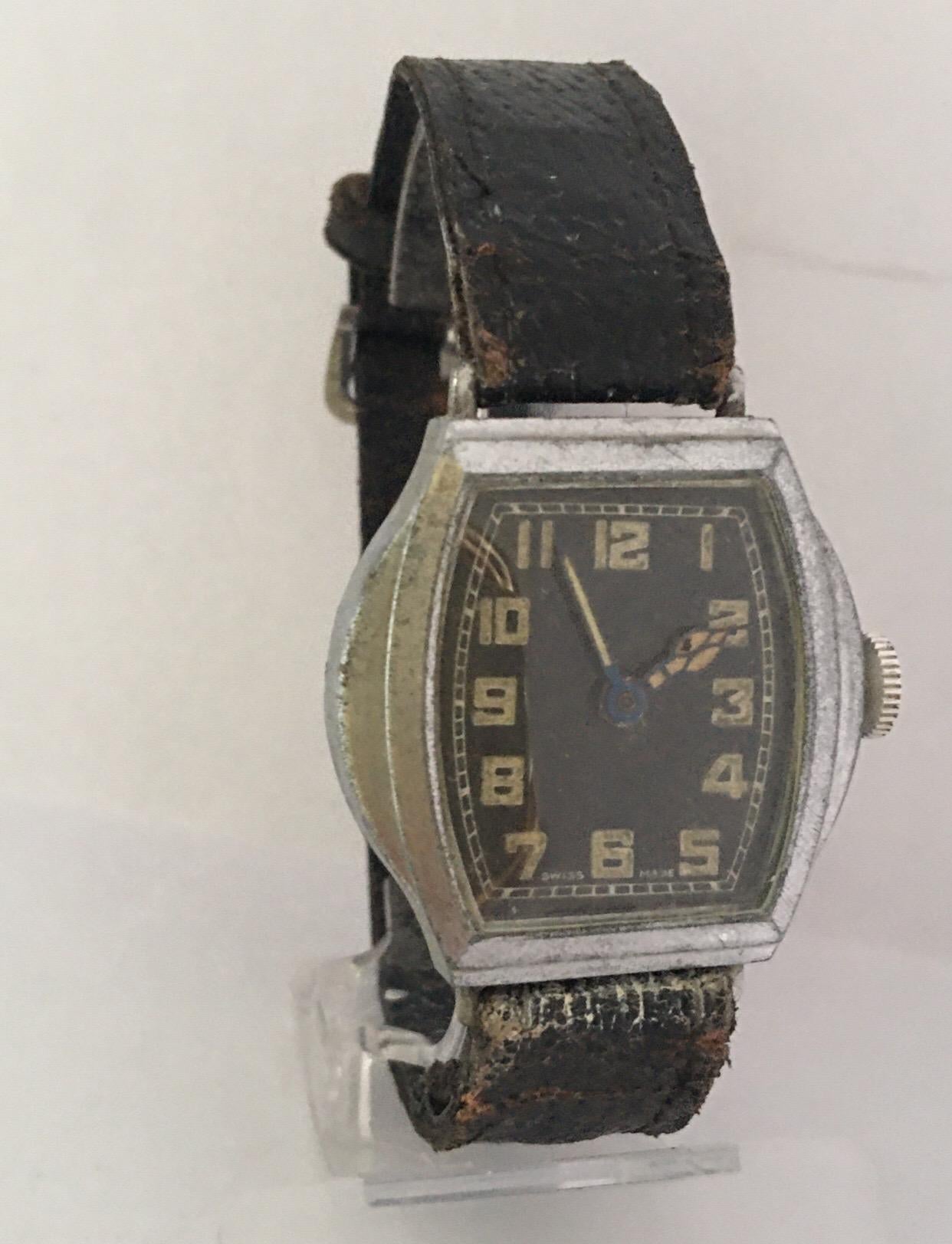 Vintage 1930s Silver Plated Black Dial Swiss Mechanical Watch For Sale 11