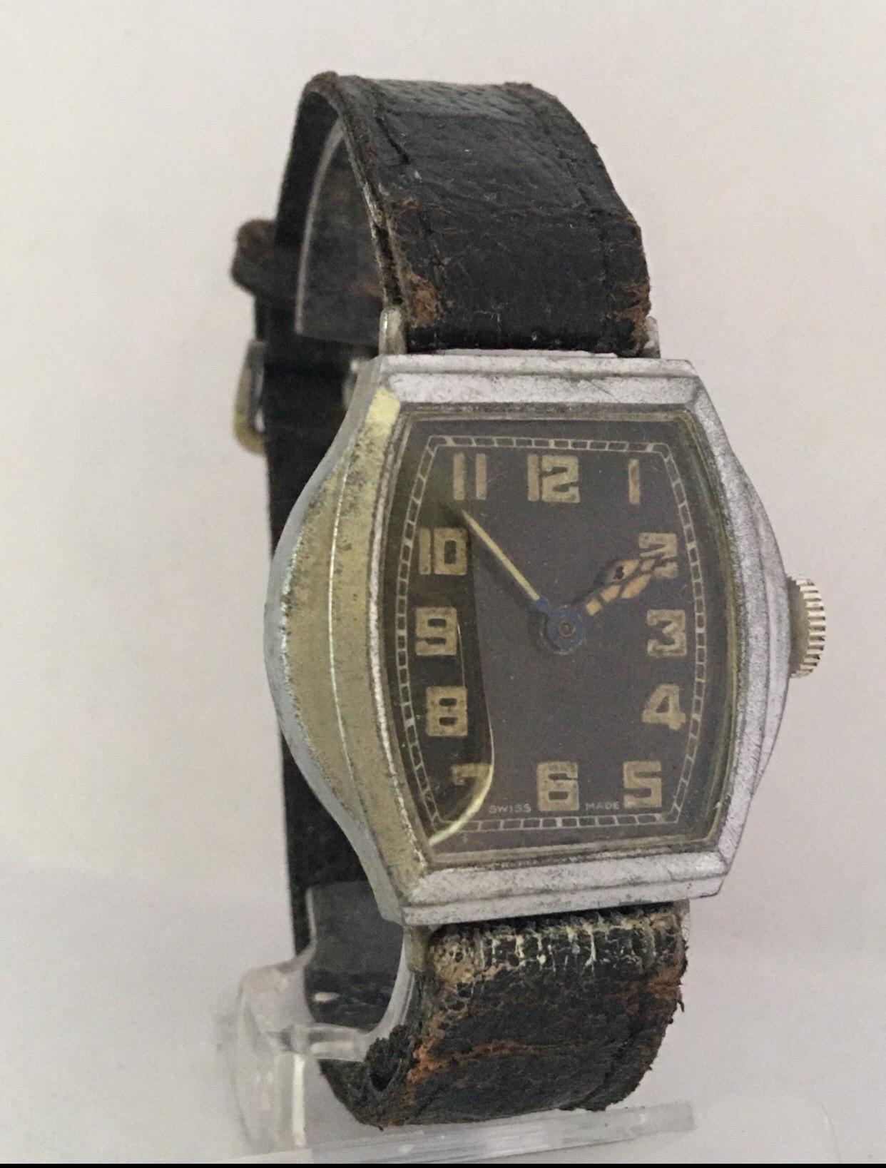 Vintage 1930s Silver Plated Black Dial Swiss Mechanical Watch For Sale 12