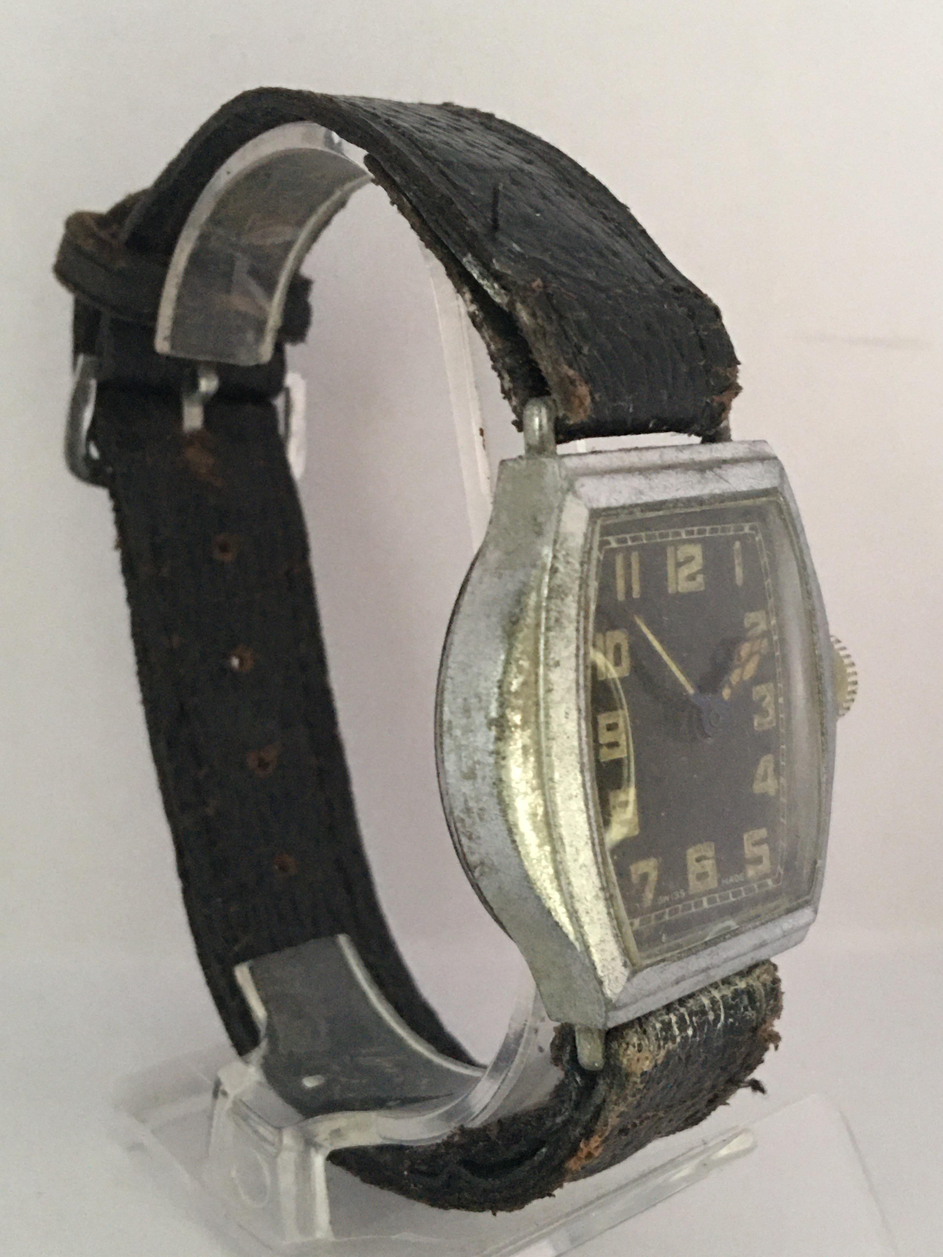 Vintage 1930s Silver Plated Black Dial Swiss Mechanical Watch For Sale 13