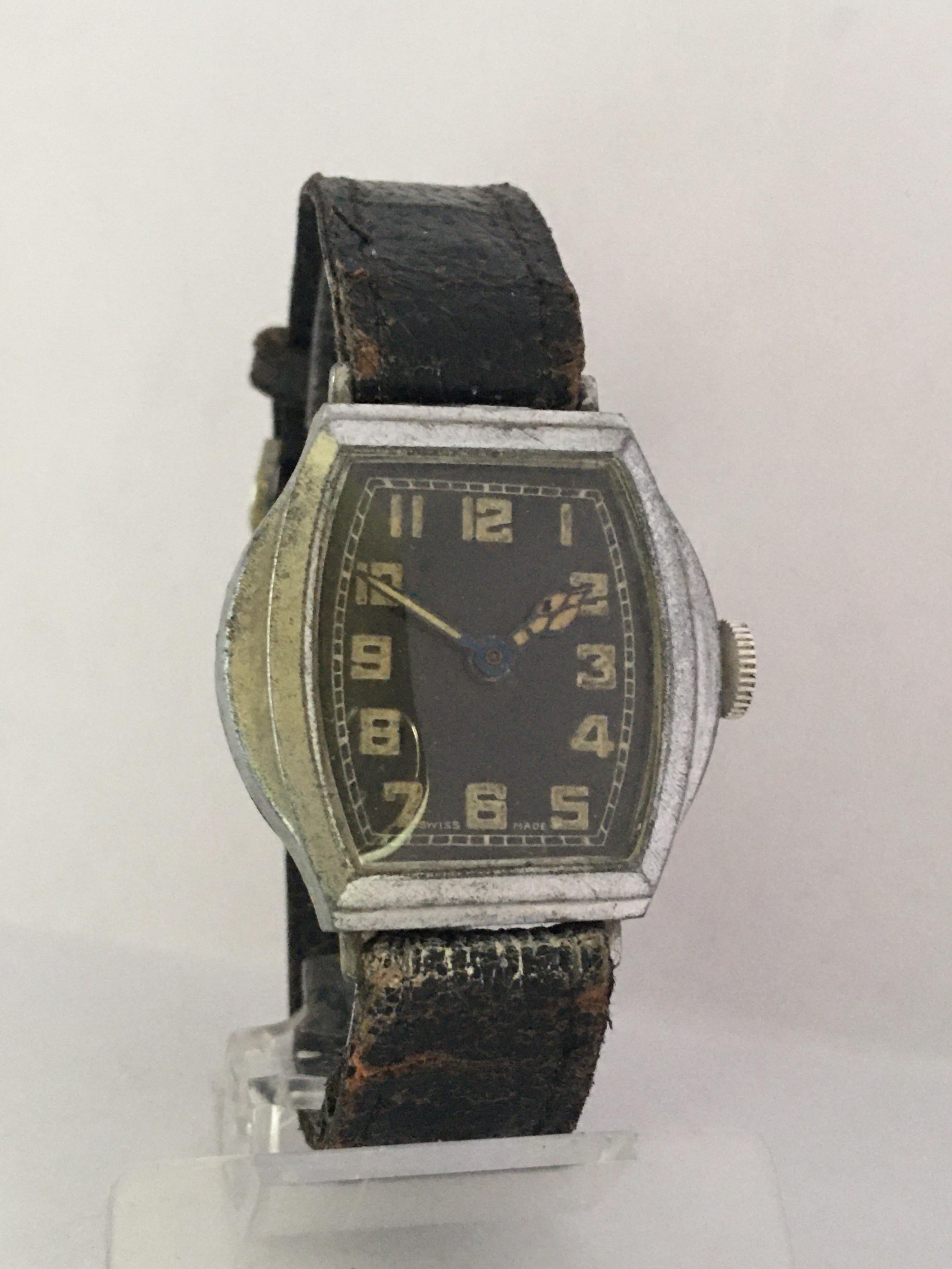 Vintage 1930s Silver Plated Black Dial Swiss Mechanical Watch For Sale 14