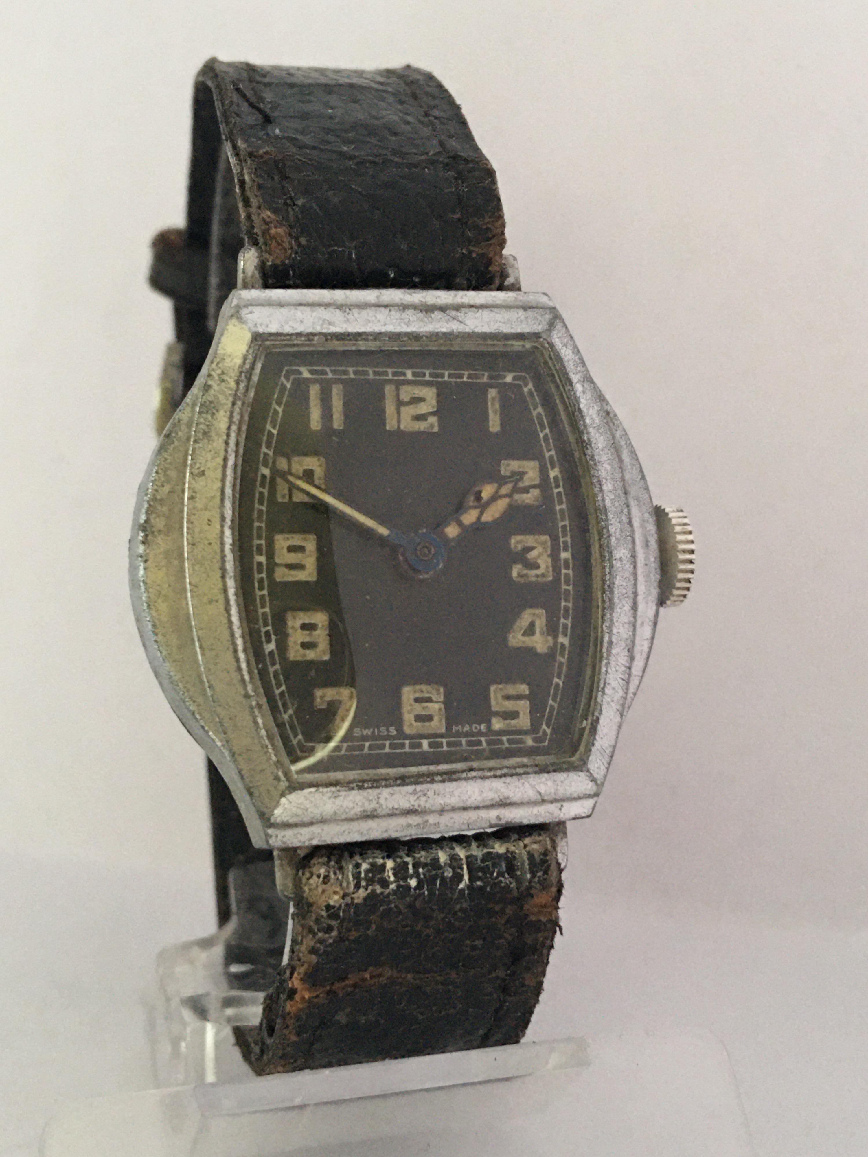 Women's or Men's Vintage 1930s Silver Plated Black Dial Swiss Mechanical Watch For Sale