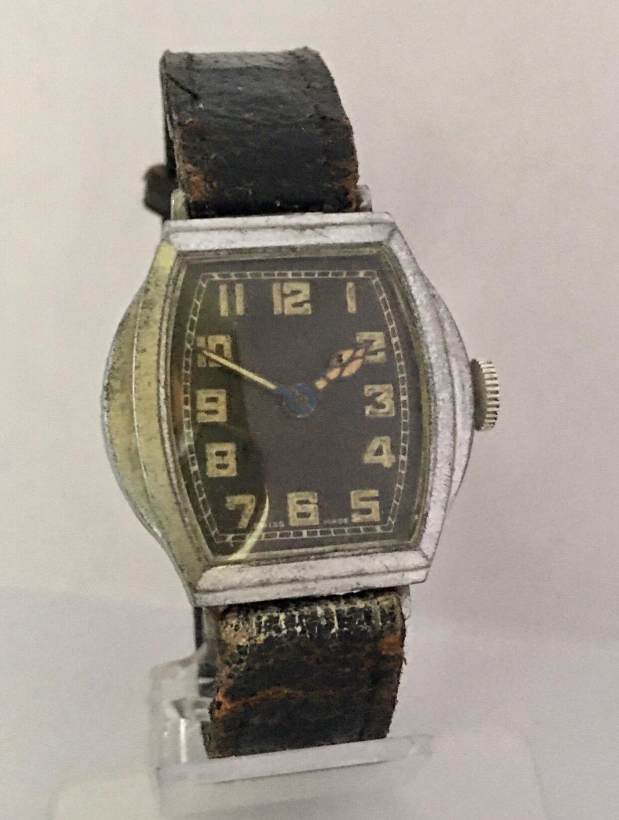 Vintage 1930s Silver Plated Black Dial Swiss Mechanical Watch For Sale 3
