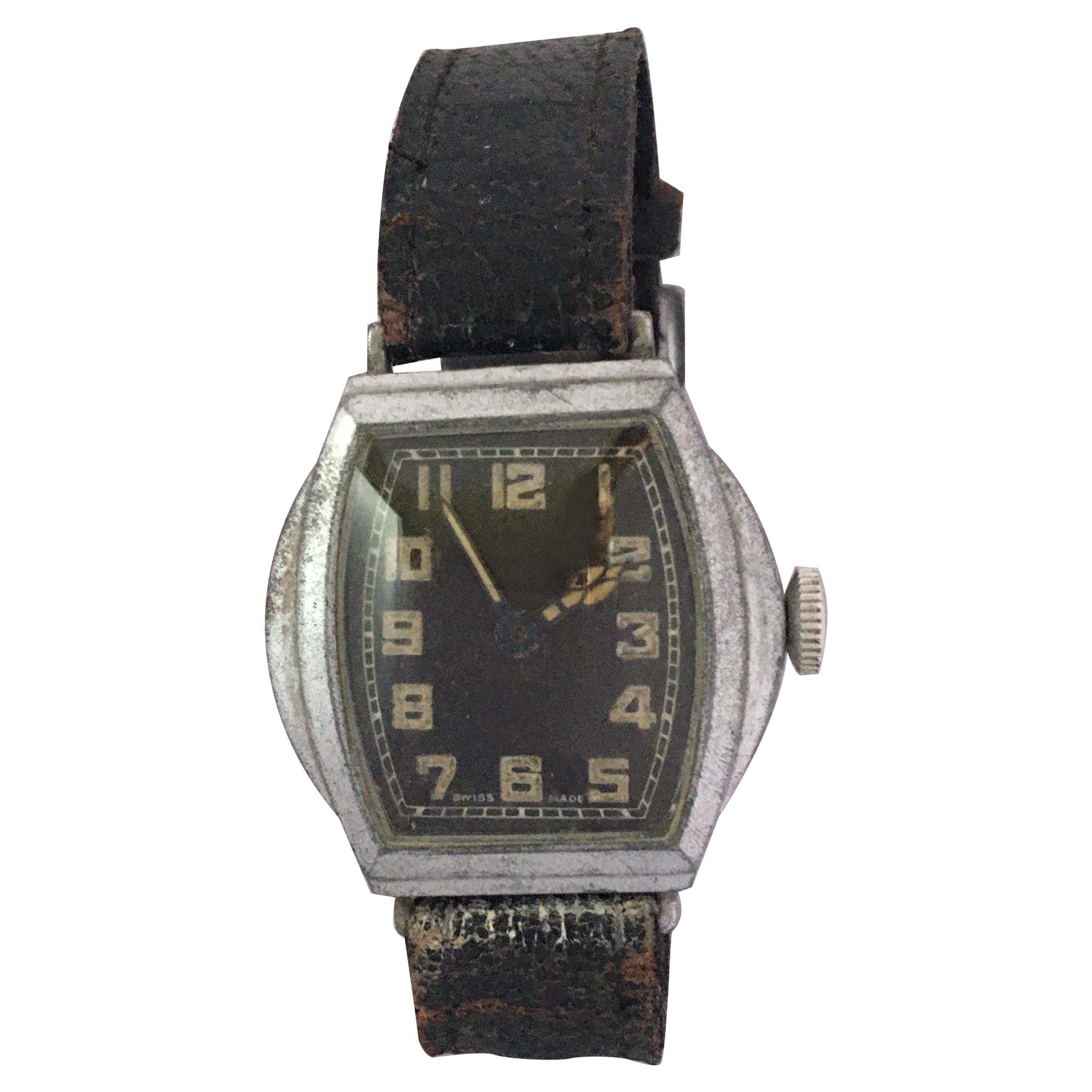 Vintage 1930s Silver Plated Black Dial Swiss Mechanical Watch For Sale