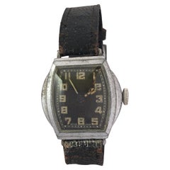 Vintage 1930s Silver Plated Black Dial Swiss Mechanical Watch