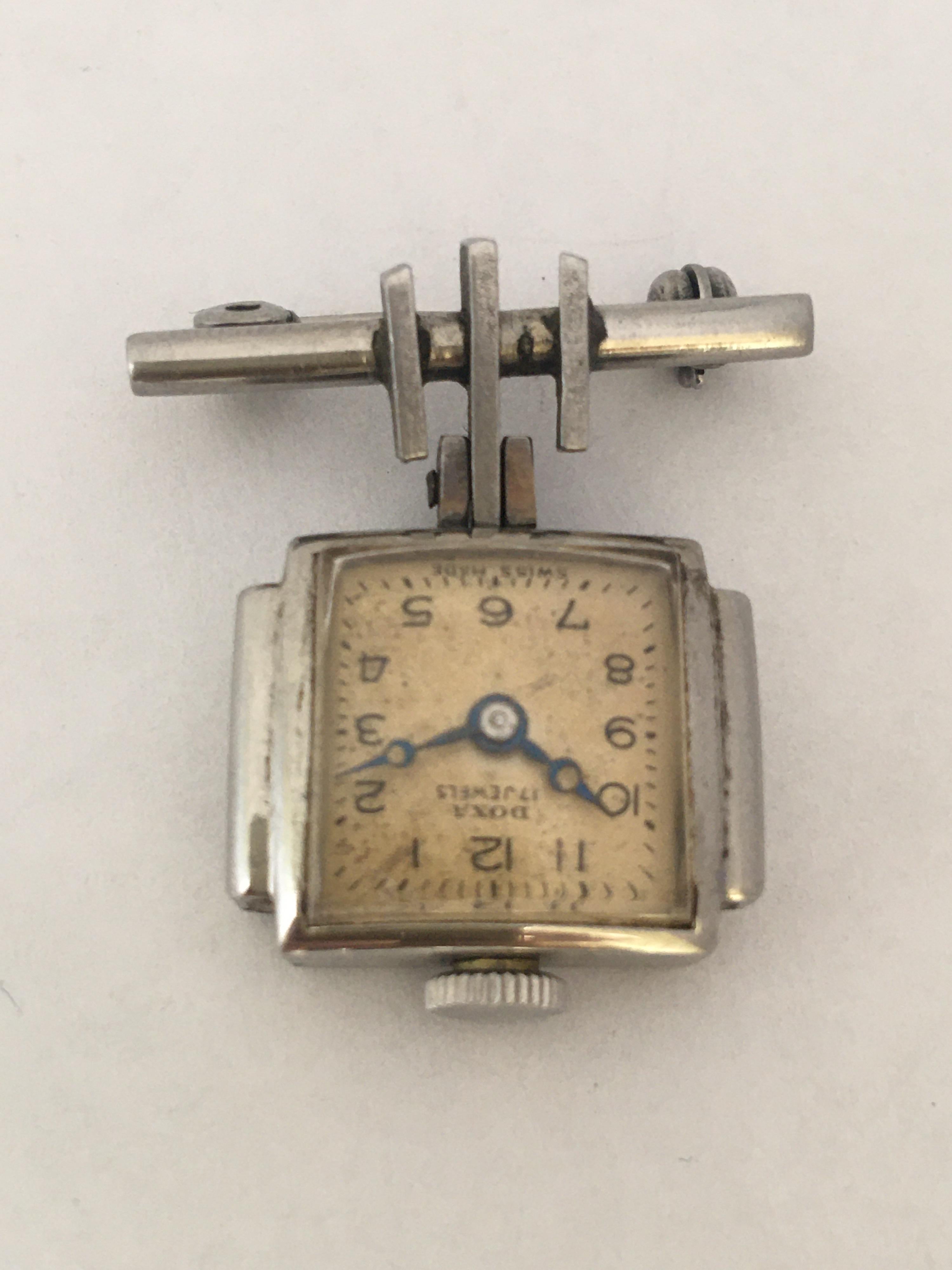This beautiful vintage Art Deco hand winding nurse’s watch is in good working condition and it running well. Visible signs of ageing and wear with tiny, light scratches on the glass and on the silver plated case. The dial as a bit worn as