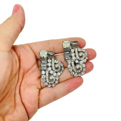Vintage 1930's silver tone pot metal rhinestones fur clips set of 2