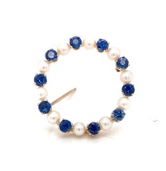 Vintage 1930s Stamped 14K Yellow Gold Sapphire & Cultured Pearl Circle Pin