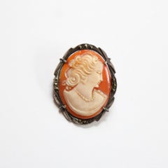 Vintage 1930's Sterling Silver Cameo Brooch Pendant Shell Silhouette Marcasite