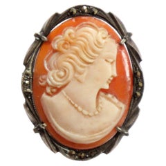 Vintage 1930's Sterling Silver Cameo Brooch Pendant Shell Silhouette Marcasite
