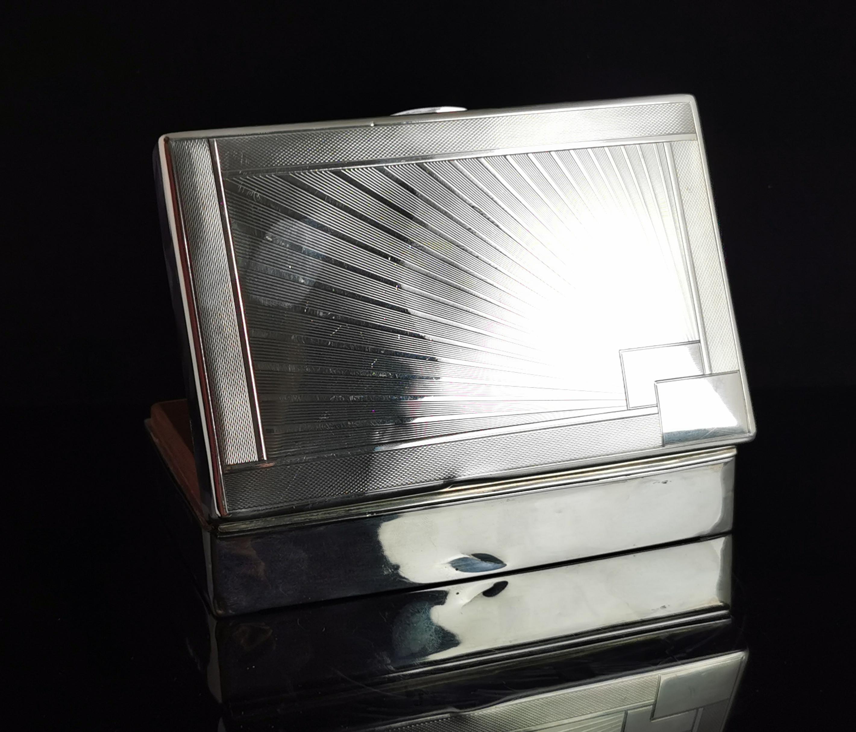 Art Deco Vintage 1930's Sterling Silver Cigarette Box, Sun Ray Design