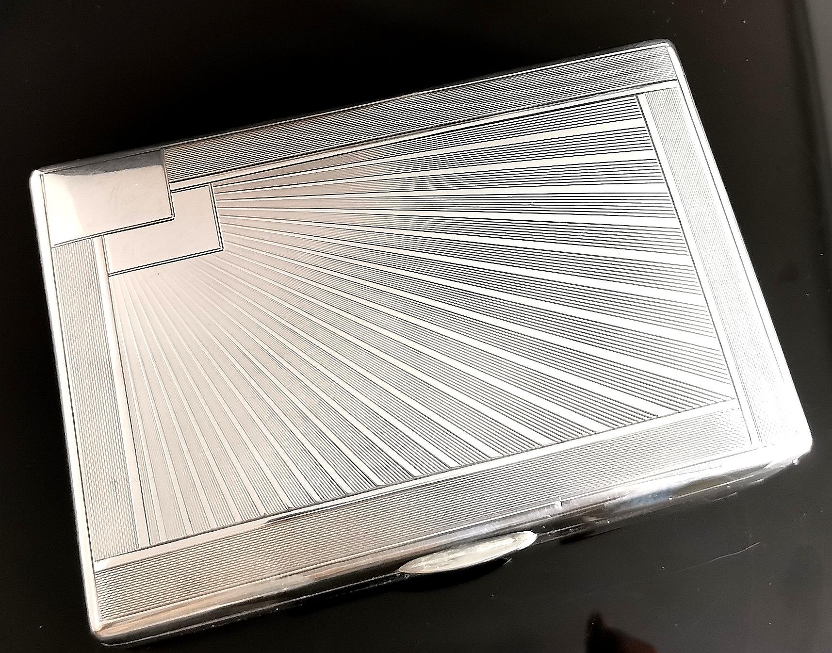 Vintage 1930's Sterling Silver Cigarette Box, Sun Ray Design In Fair Condition In NEWARK, GB