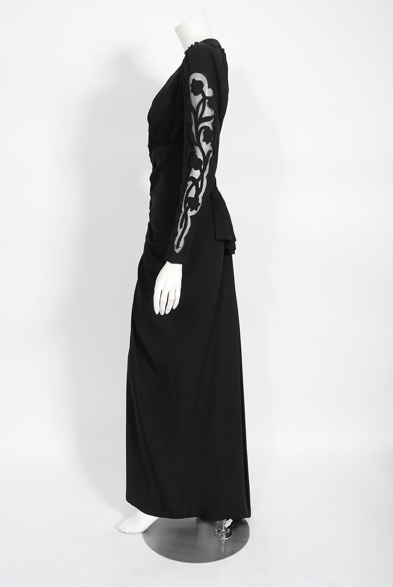 Vintage 1930's Suzanne Rabot Couture Black Silk Sheer Illusion Bias-Cut Gown In Good Condition In Beverly Hills, CA