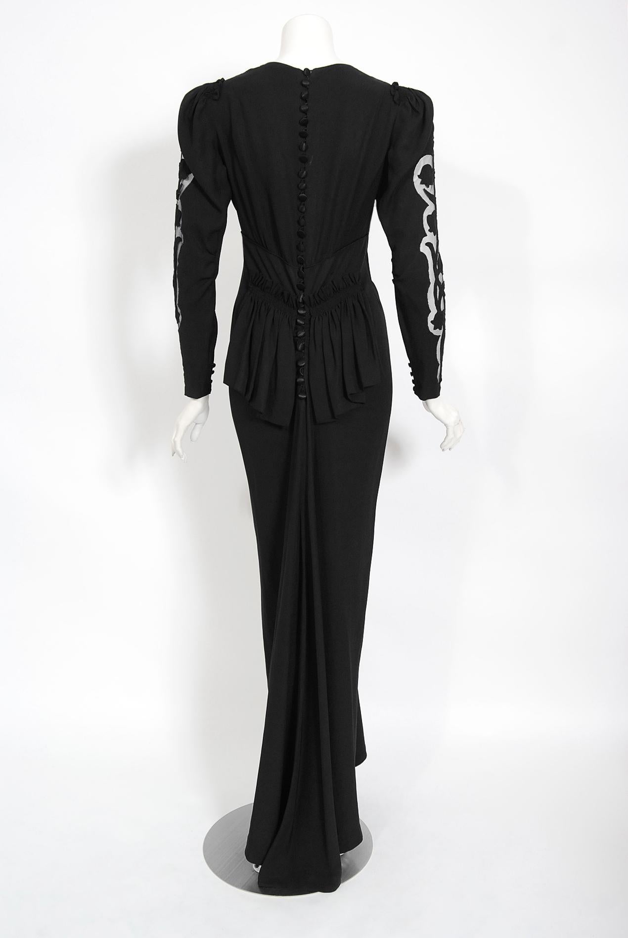 Vintage 1930's Suzanne Rabot Couture Black Silk Sheer Illusion Bias-Cut Gown 3