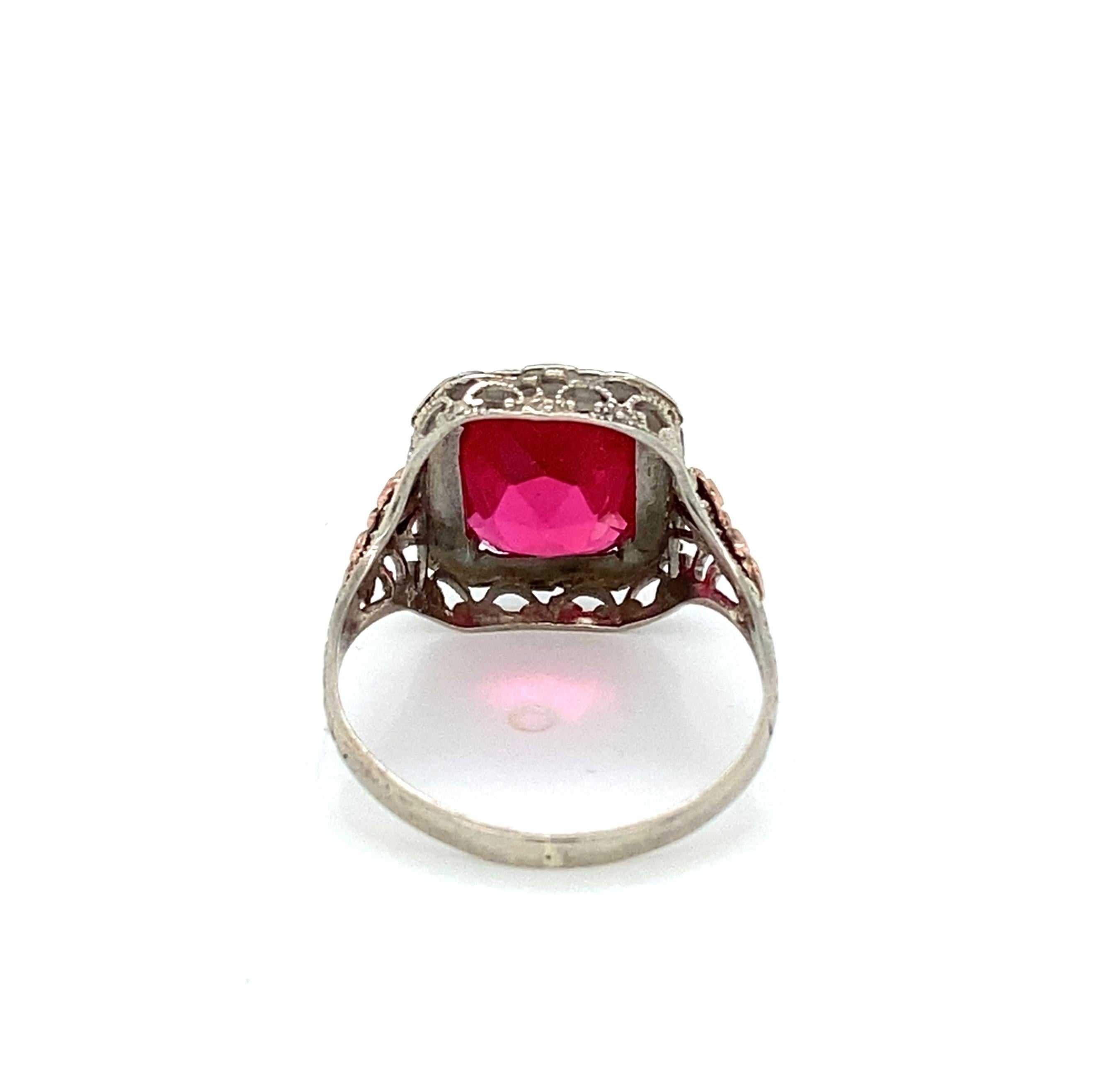 da uomo o donna Anello vintage 1930 con rubino sintetico a 10 carati in oro bianco e rosa Sz 6.5 in vendita