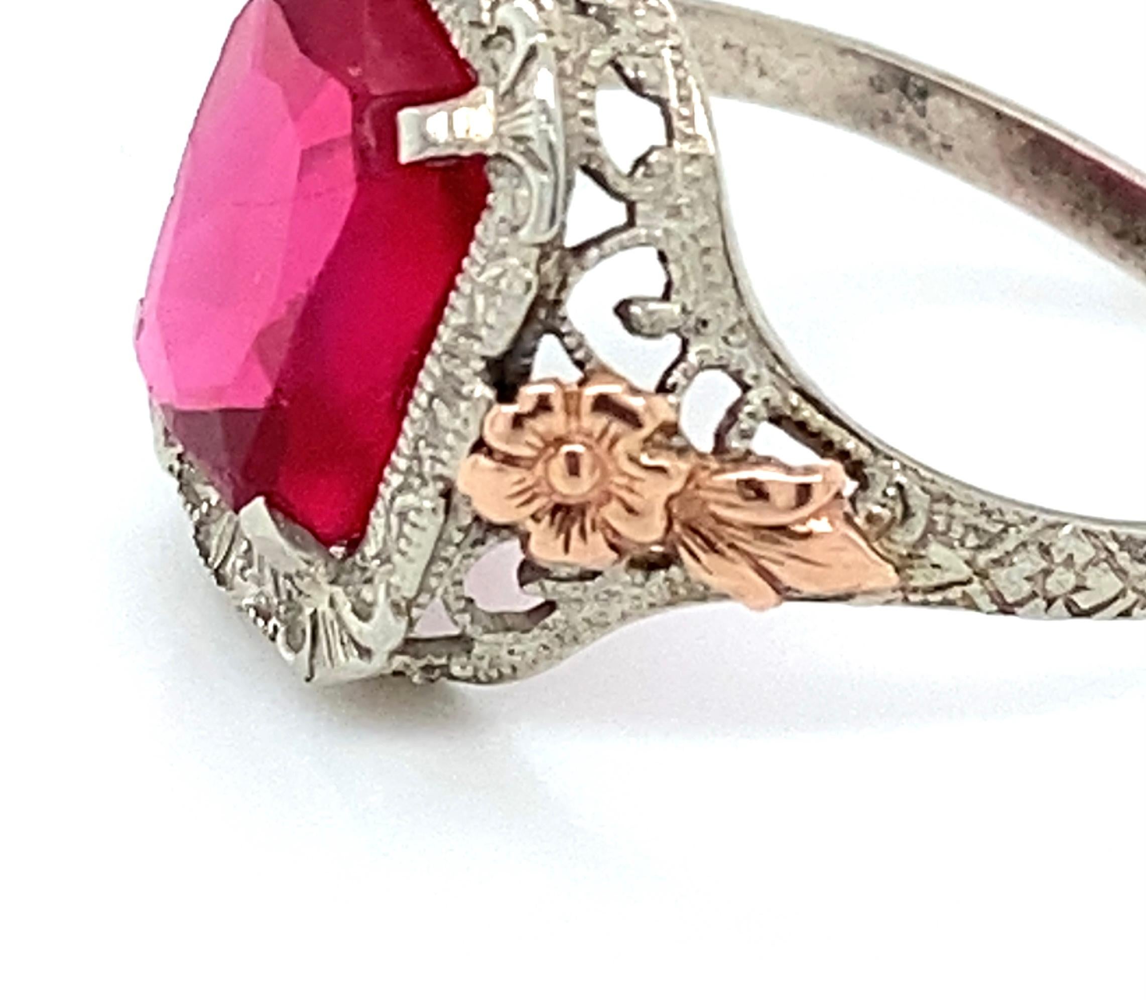 Anello vintage 1930 con rubino sintetico a 10 carati in oro bianco e rosa Sz 6.5 in vendita 1