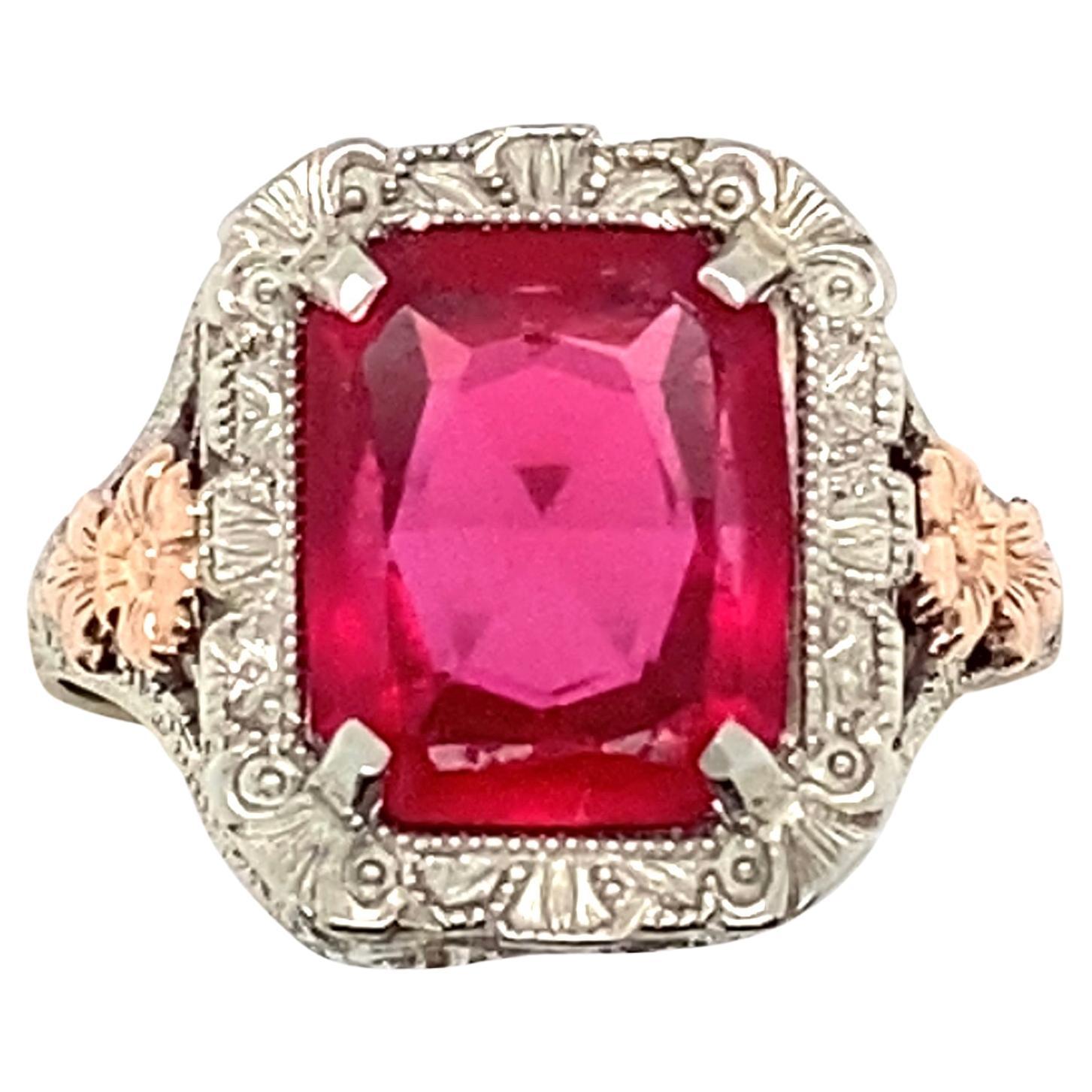 Anello vintage 1930 con rubino sintetico a 10 carati in oro bianco e rosa Sz 6.5 in vendita