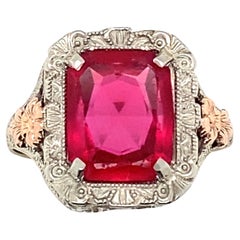 Vintage 1930s Synthetic Ruby 10 Karat White & Rose Gold Ring Sz 6.5