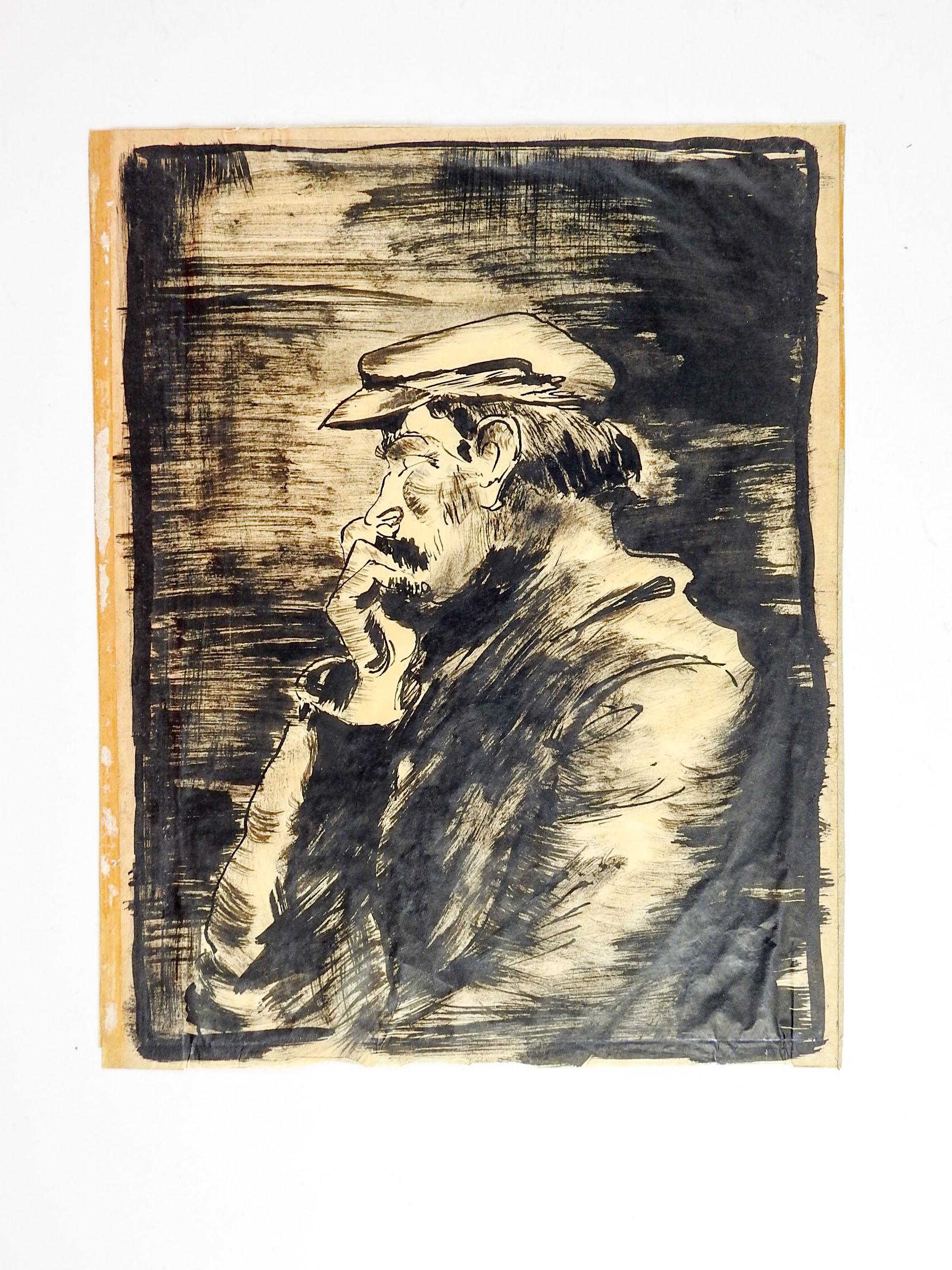 Circa 1930's ink wash on thin paper study of bearded man. Unsigned, age toning, tape residue along edges, some cockling to paper.