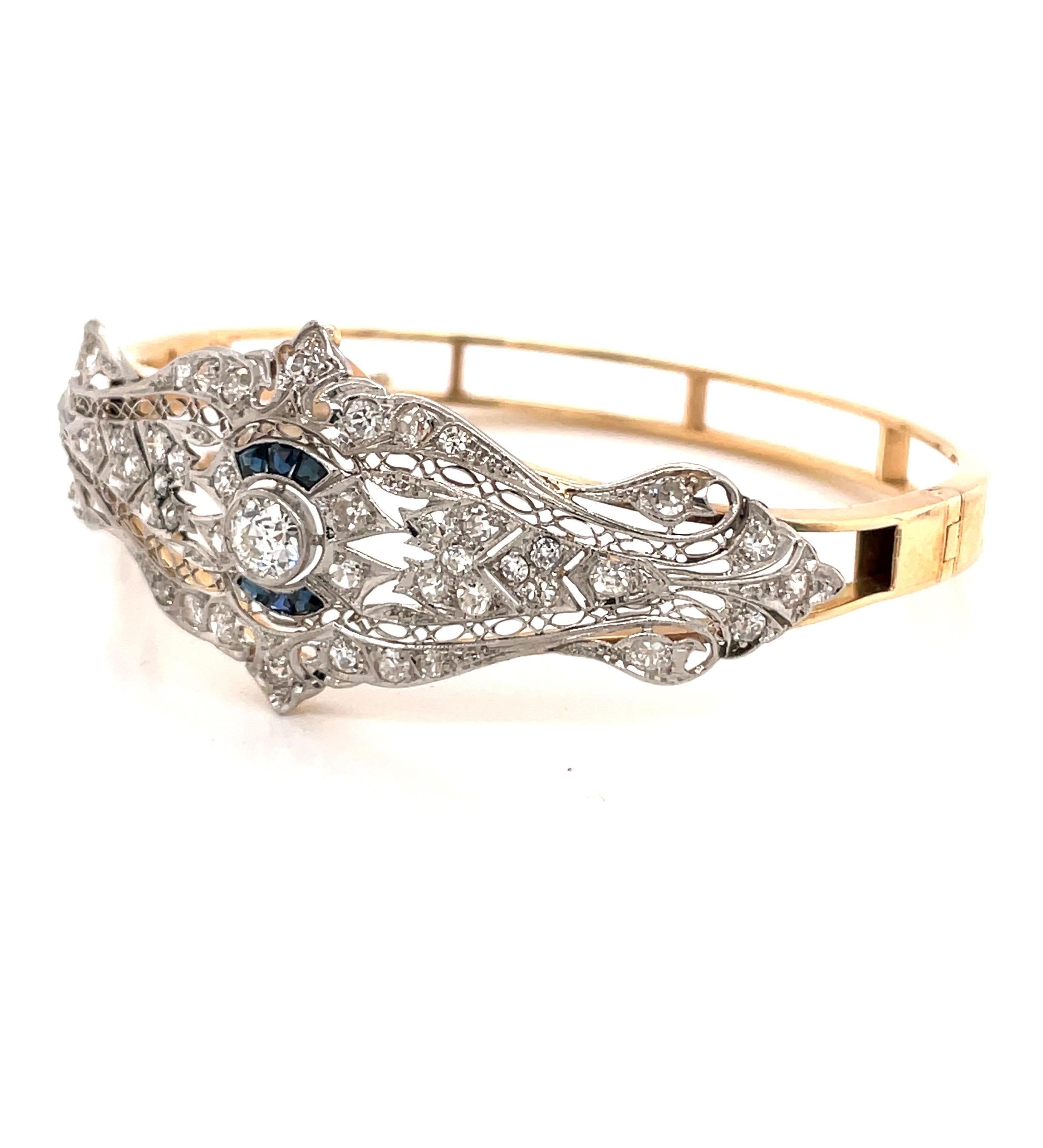 Old European Cut Vintage 1930's White Gold and Yellow Gold Diamond Bangle Bracelet