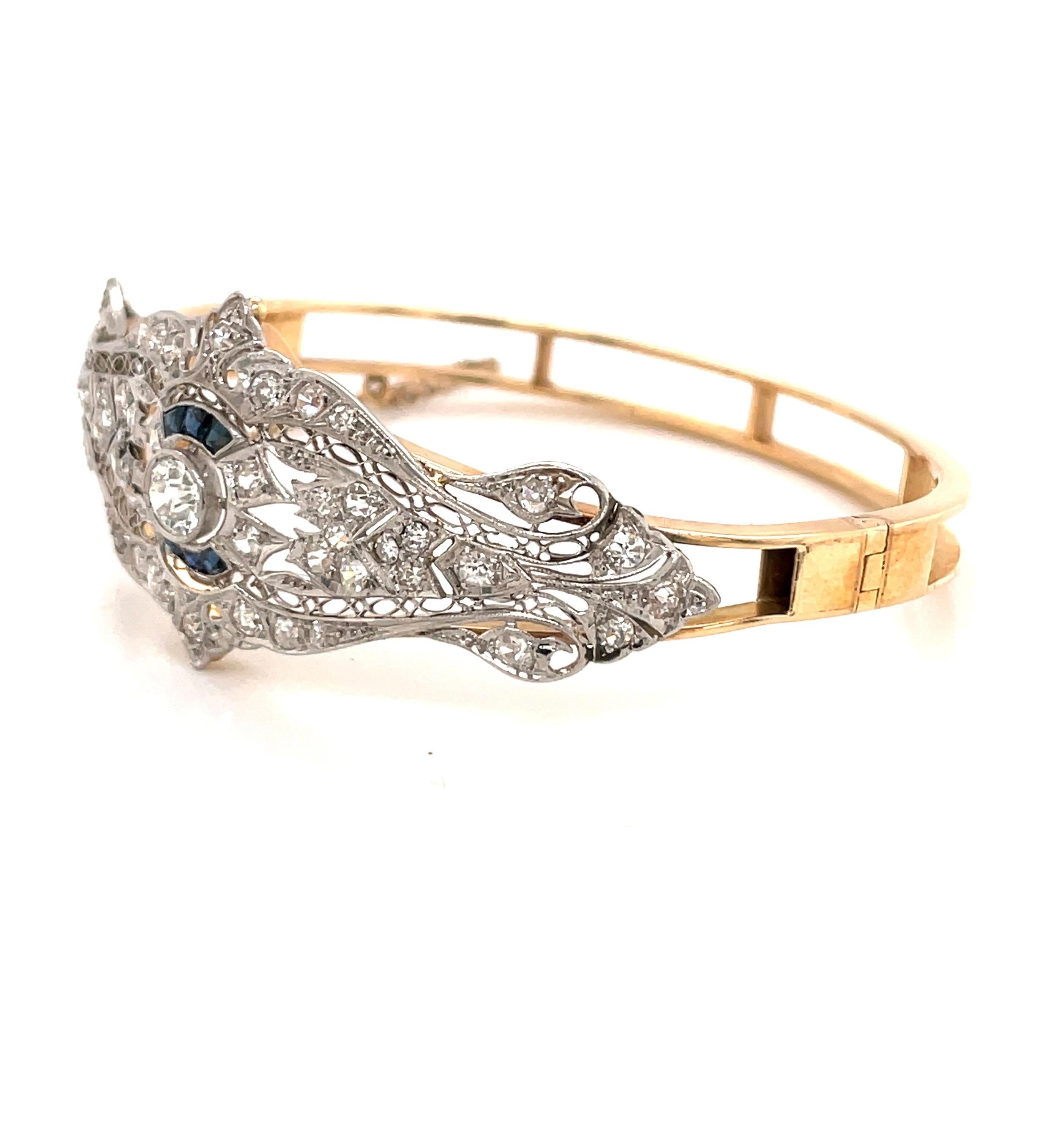 Vintage 1930's White Gold and Yellow Gold Diamond Bangle Bracelet In Good Condition In Boston, MA