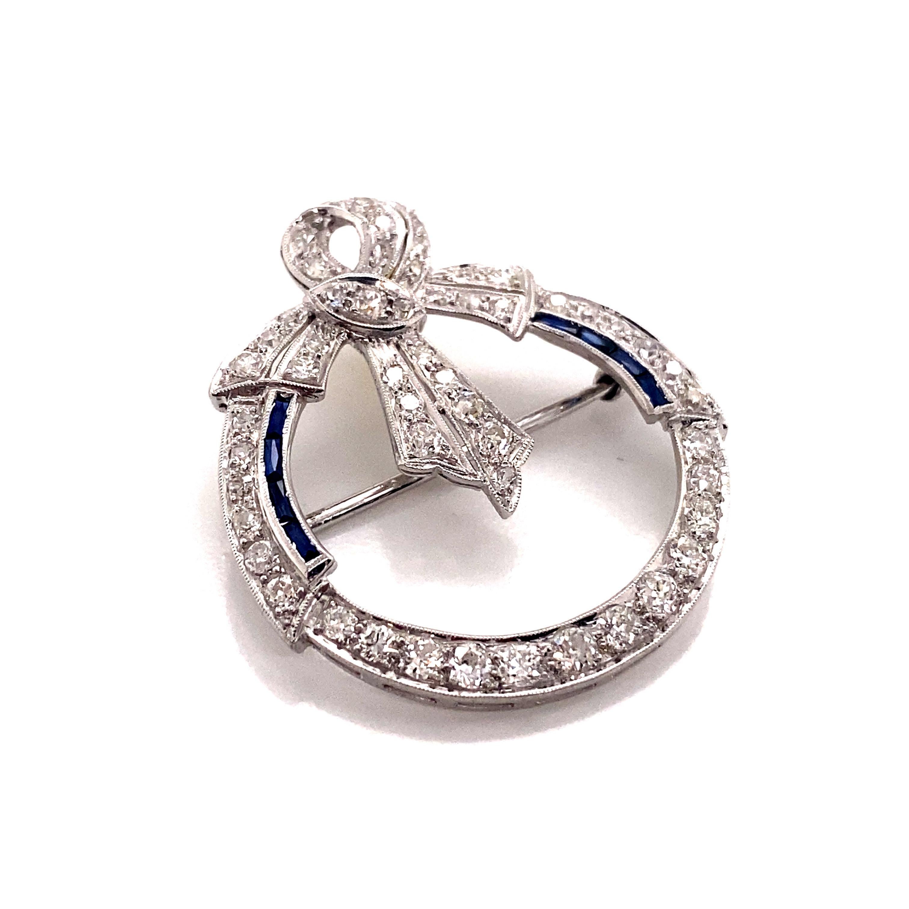 Art Deco Vintage 1930’s White Gold Diamond and Sapphire Wreath Pin For Sale