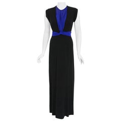 Vintage 1930's Worth Couture Black Crepe Sculpted Royal-Blue Chiffon Sash Gown 